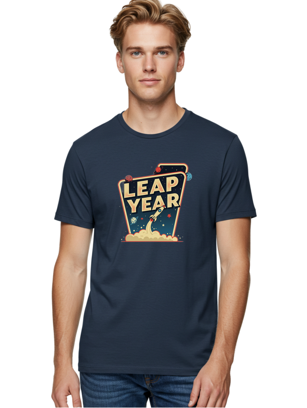 Leap-Year-1 Men'S Graphic Tee, 100% Cotton, Comfortable Casual Summer Wear, Machine Washable, Leap Year, Rocket Ship, Space Travel, Stars, Planets, Celestial Bodies, Retro-Futuristic, Vintage Space, Space Exploration, Launch Sequence Bac111