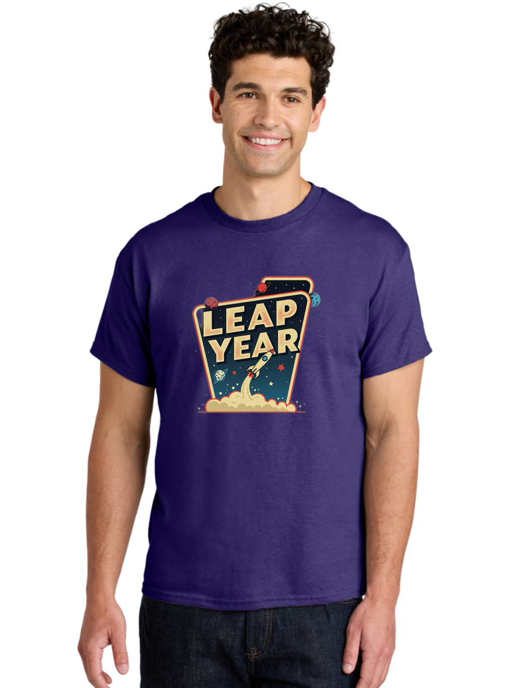 Leap-Year-1 Men'S Graphic Tee, 100% Cotton, Comfortable Casual Summer Wear, Machine Washable, Leap Year, Rocket Ship, Space Travel, Stars, Planets, Celestial Bodies, Retro-Futuristic, Vintage Space, Space Exploration, Launch Sequence Bac111