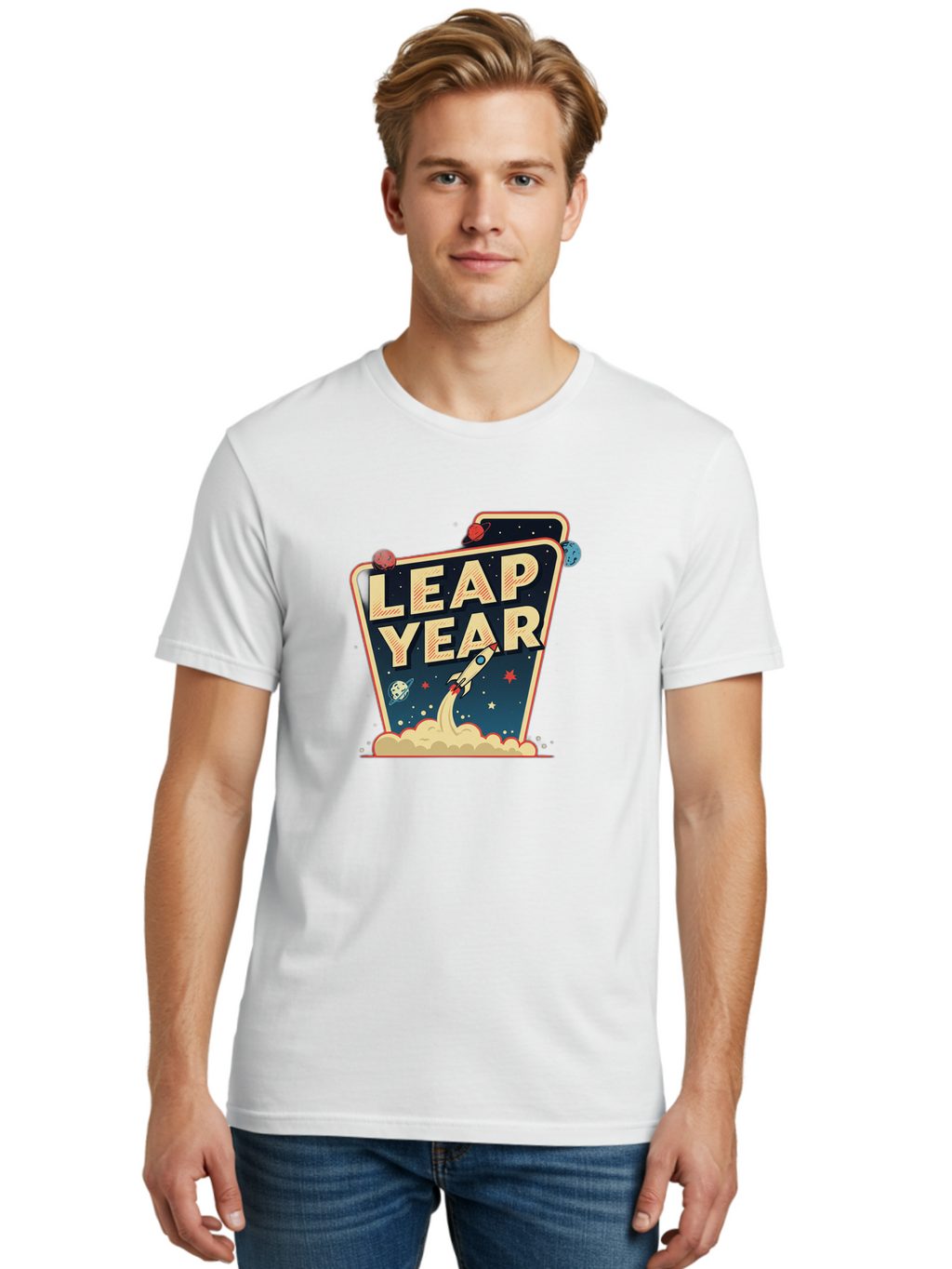 Leap-Year-1 Men'S Graphic Tee, 100% Cotton, Comfortable Casual Summer Wear, Machine Washable, Leap Year, Rocket Ship, Space Travel, Stars, Planets, Celestial Bodies, Retro-Futuristic, Vintage Space, Space Exploration, Launch Sequence Bac111