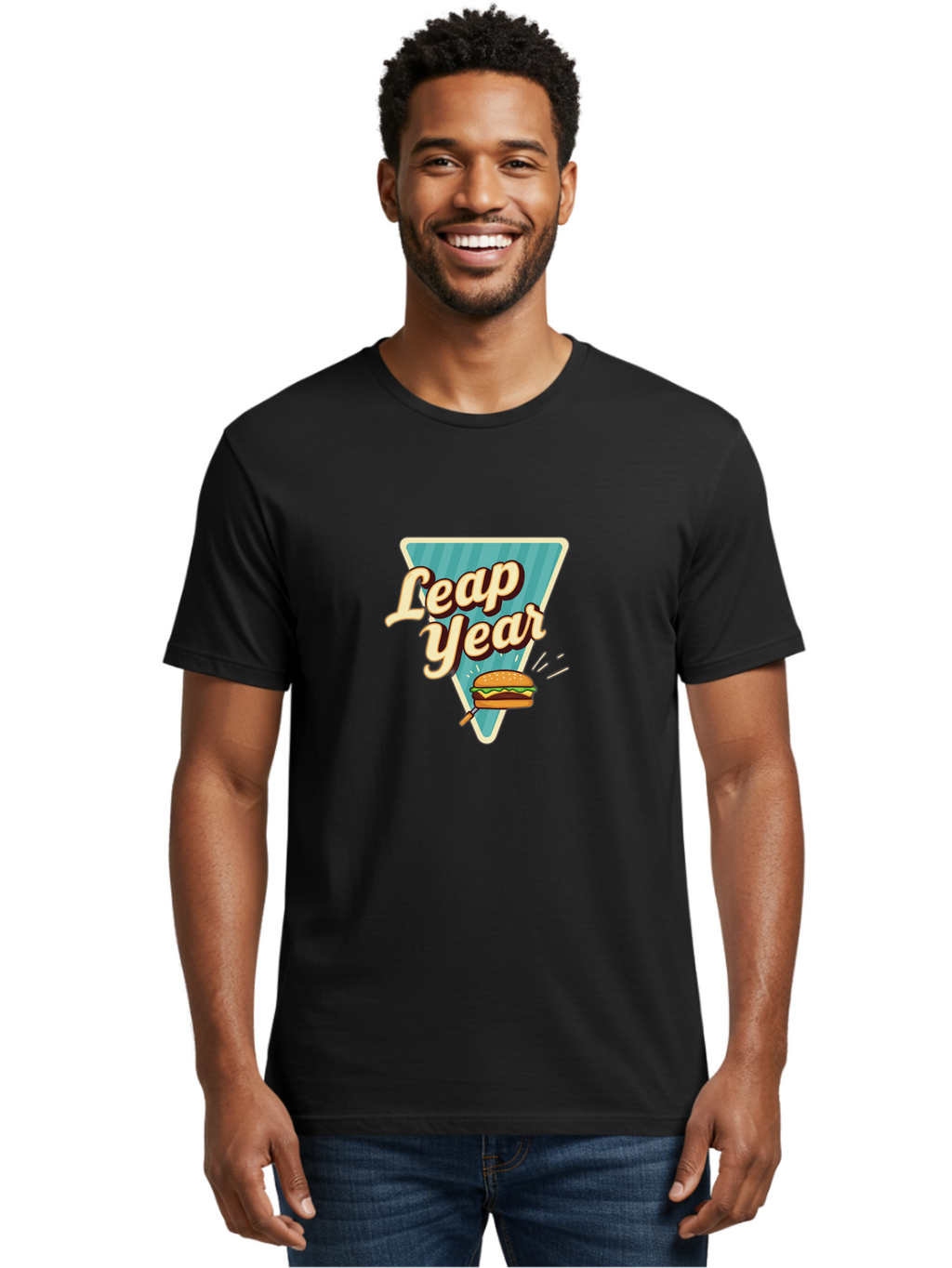 Leap-Year-2 Men'S Graphic Tee, 100% Cotton, Comfortable Casual Summer Wear, Machine Washable, Leap Year, Burger On A Fork, Cartoon Burger, Fun Food, Quirky Design, Playful Graphics, Vintage Style, Retro Illustration, Fun Concept Bac112