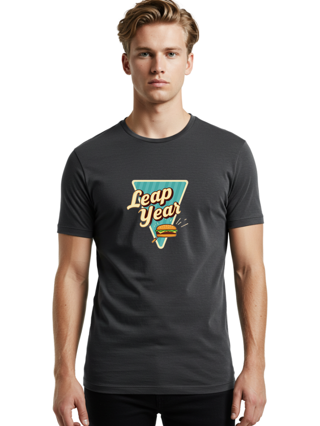 Leap-Year-2 Men'S Graphic Tee, 100% Cotton, Comfortable Casual Summer Wear, Machine Washable, Leap Year, Burger On A Fork, Cartoon Burger, Fun Food, Quirky Design, Playful Graphics, Vintage Style, Retro Illustration, Fun Concept Bac112