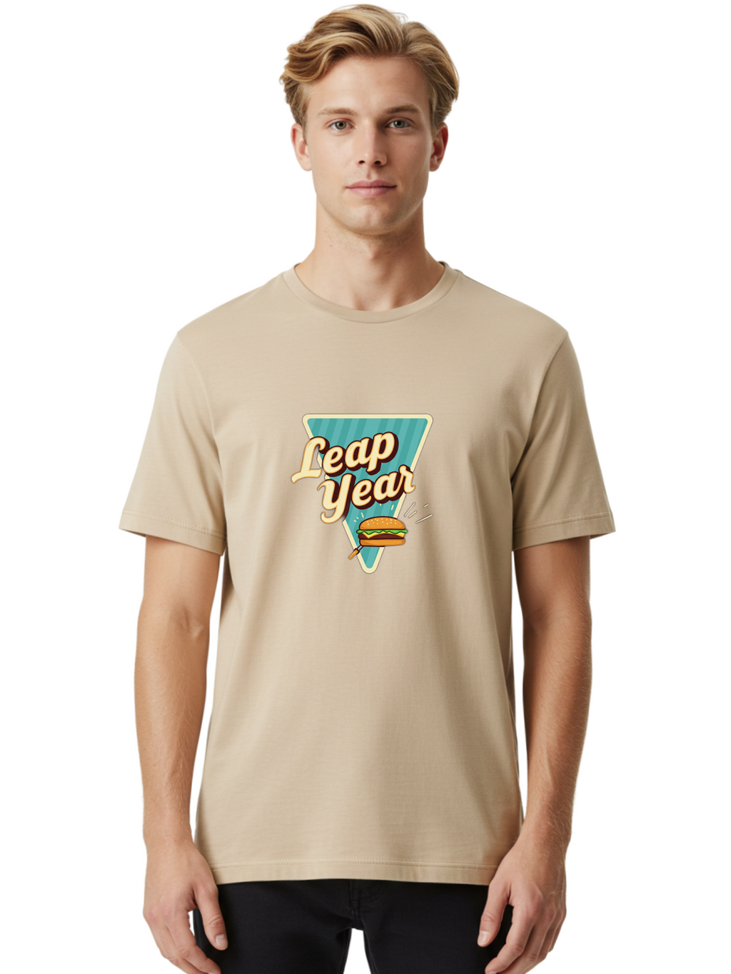 Leap-Year-2 Men'S Graphic Tee, 100% Cotton, Comfortable Casual Summer Wear, Machine Washable, Leap Year, Burger On A Fork, Cartoon Burger, Fun Food, Quirky Design, Playful Graphics, Vintage Style, Retro Illustration, Fun Concept Bac112