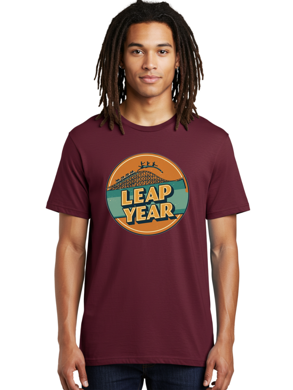 Leap-Year-3 Men'S Graphic Tee, 100% Cotton, Comfortable Casual Summer Wear, Machine Washable, Leap Year, Roller Coaster, Amusement Park, Thrill Ride, Adventure, Excitement, Fun, Joyful Leaps Bac113