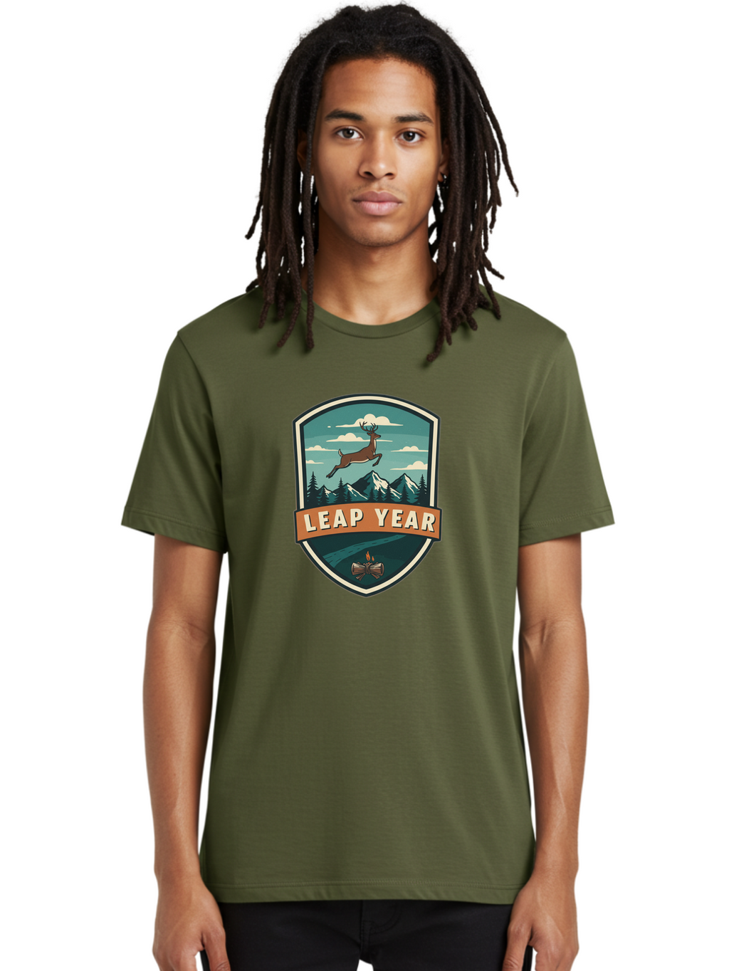 Leap-Year-4 Men'S Graphic Tee, 100% Cotton, Comfortable Casual Summer Wear, Machine Washable, Leaping Deer, Mountainous Landscape, Snowy Peaks, Evergreen Trees, Campfire, Adventure Symbol, Outdoor Emblem, Wilderness Icon, Bac114