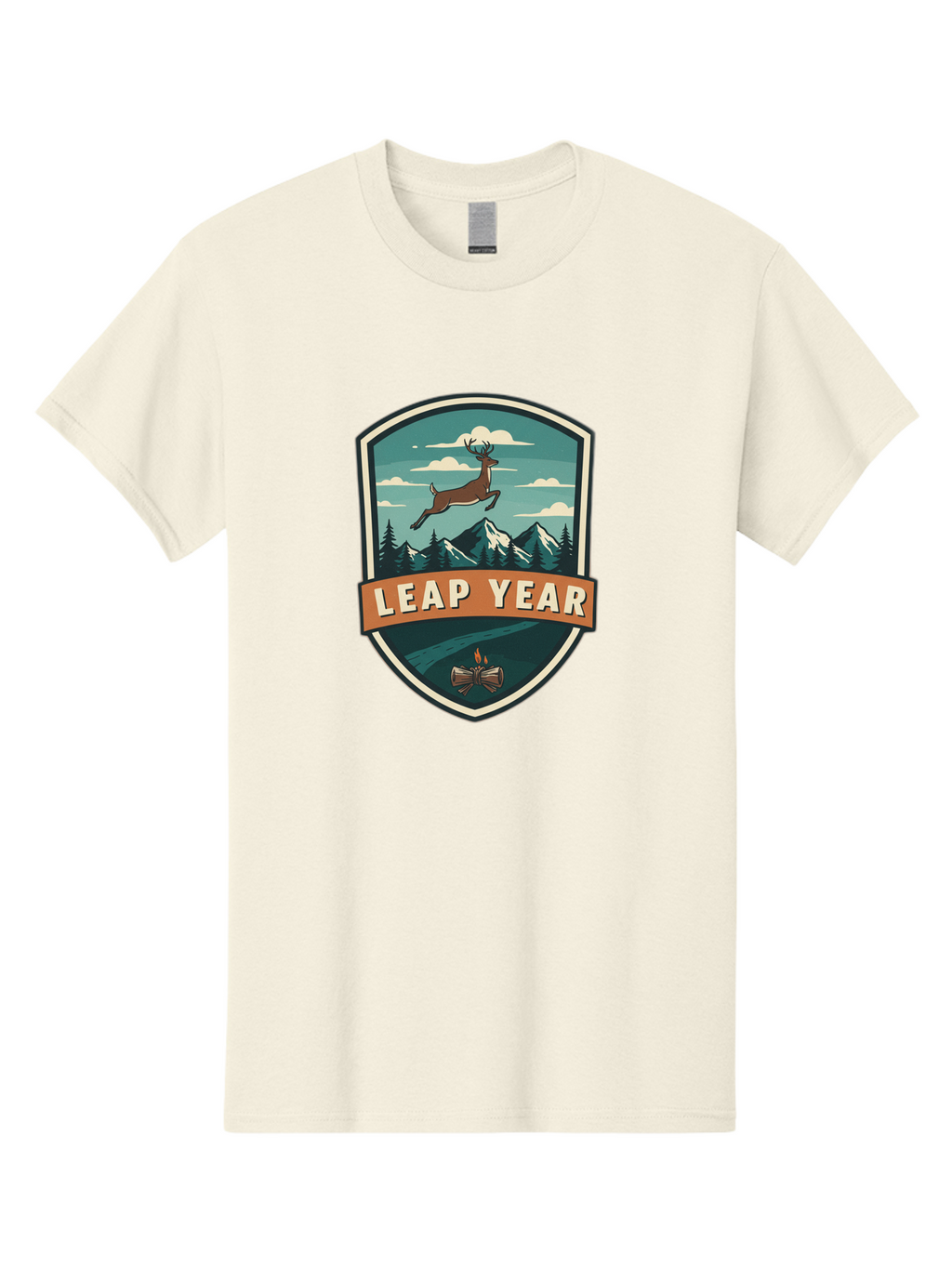 Leap-Year-4 Men'S Graphic Tee, 100% Cotton, Comfortable Casual Summer Wear, Machine Washable, Leaping Deer, Mountainous Landscape, Snowy Peaks, Evergreen Trees, Campfire, Adventure Symbol, Outdoor Emblem, Wilderness Icon, Bac114