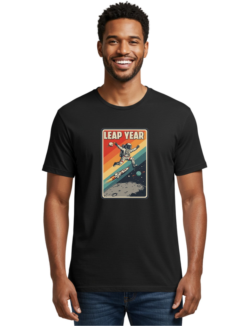 Leap-Year-5 Men'S Graphic Tee, 100% Cotton, Comfortable Casual Summer Wear, Machine Washable, Astronaut Jumping In Space, Retro-Style Poster, Space Exploration, Vintage Graphics, Astronaut In Mid-Air, Rocket Ship In The Background, Bac115