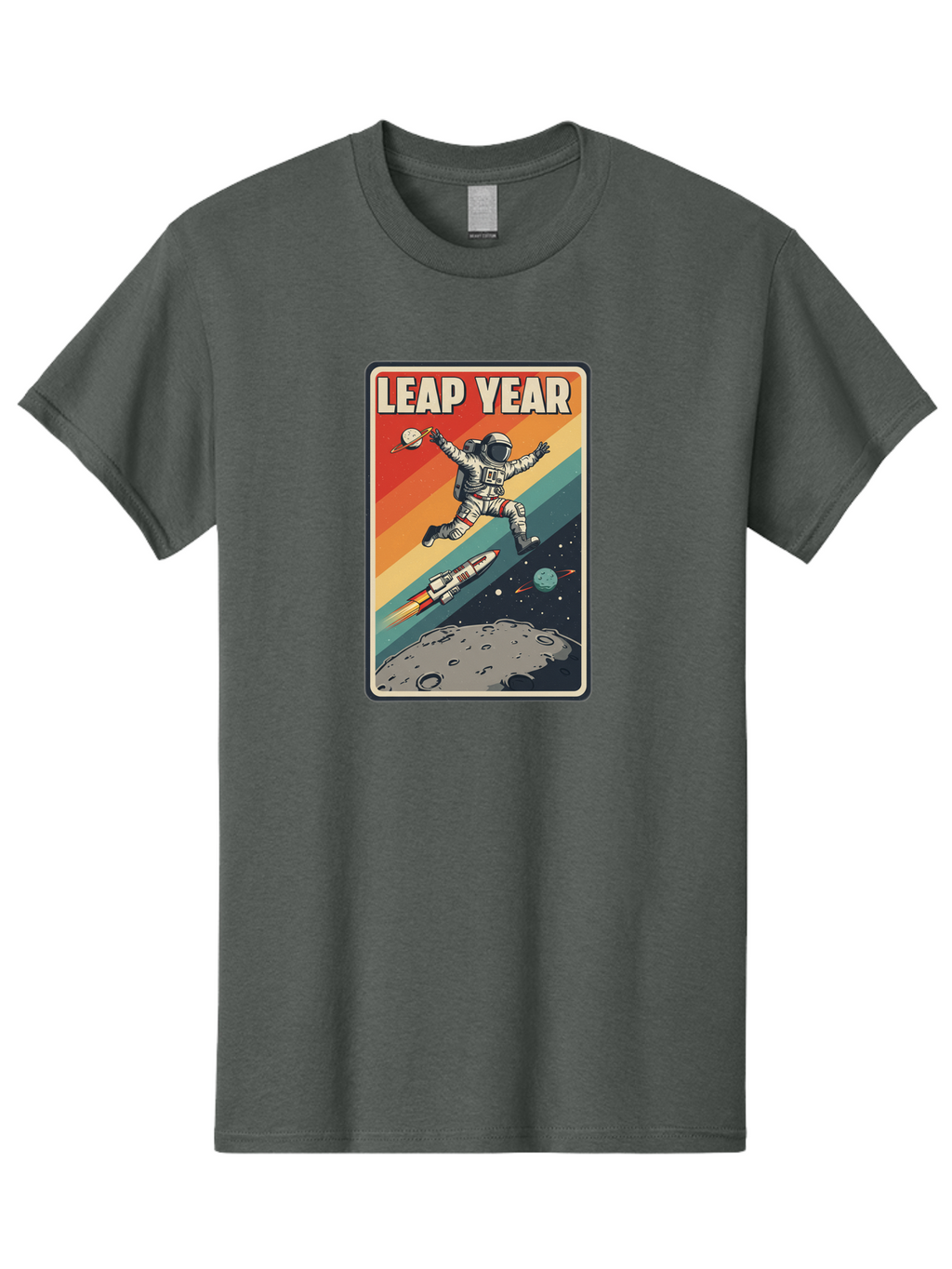 Leap-Year-5 Men'S Graphic Tee, 100% Cotton, Comfortable Casual Summer Wear, Machine Washable, Astronaut Jumping In Space, Retro-Style Poster, Space Exploration, Vintage Graphics, Astronaut In Mid-Air, Rocket Ship In The Background, Bac115