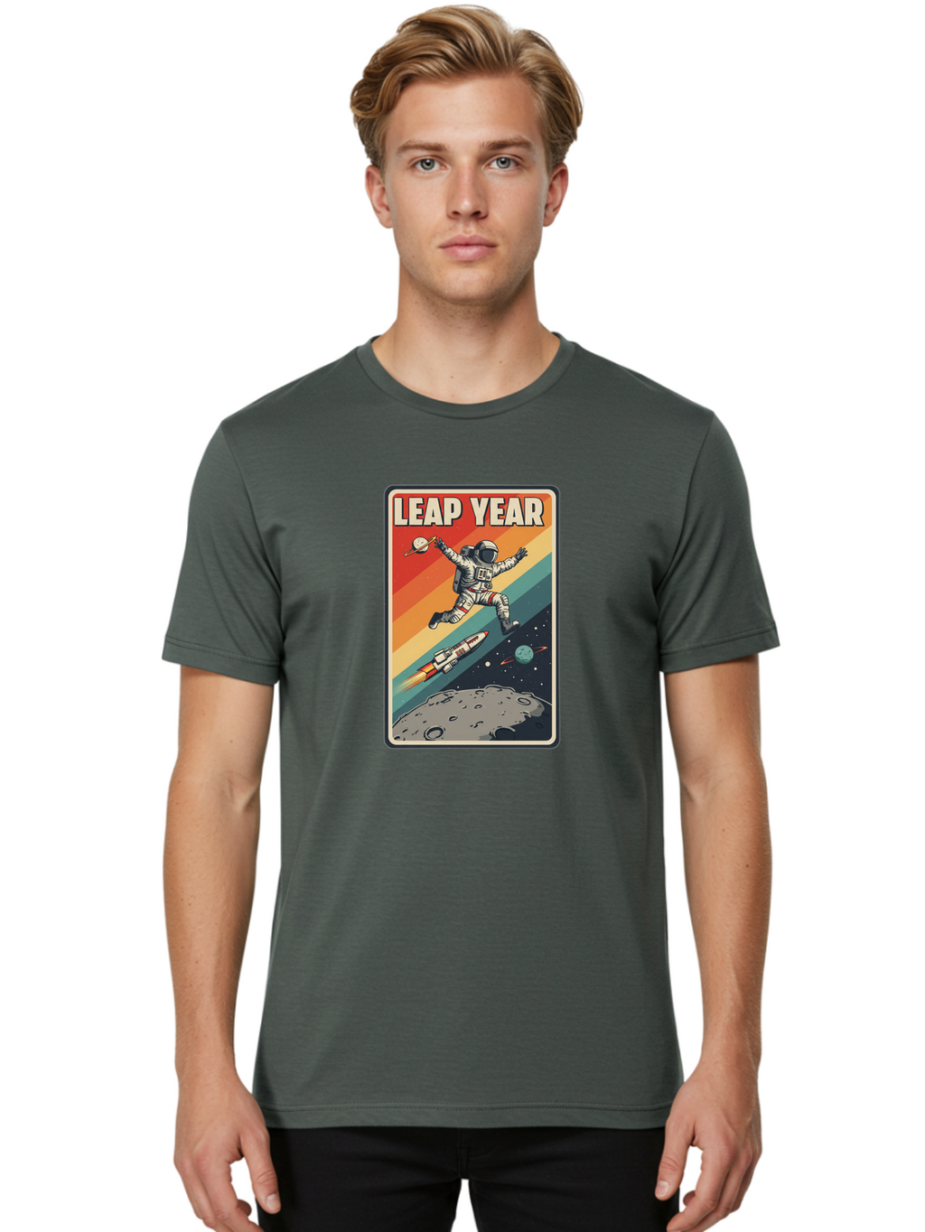 Leap-Year-5 Men'S Graphic Tee, 100% Cotton, Comfortable Casual Summer Wear, Machine Washable, Astronaut Jumping In Space, Retro-Style Poster, Space Exploration, Vintage Graphics, Astronaut In Mid-Air, Rocket Ship In The Background, Bac115