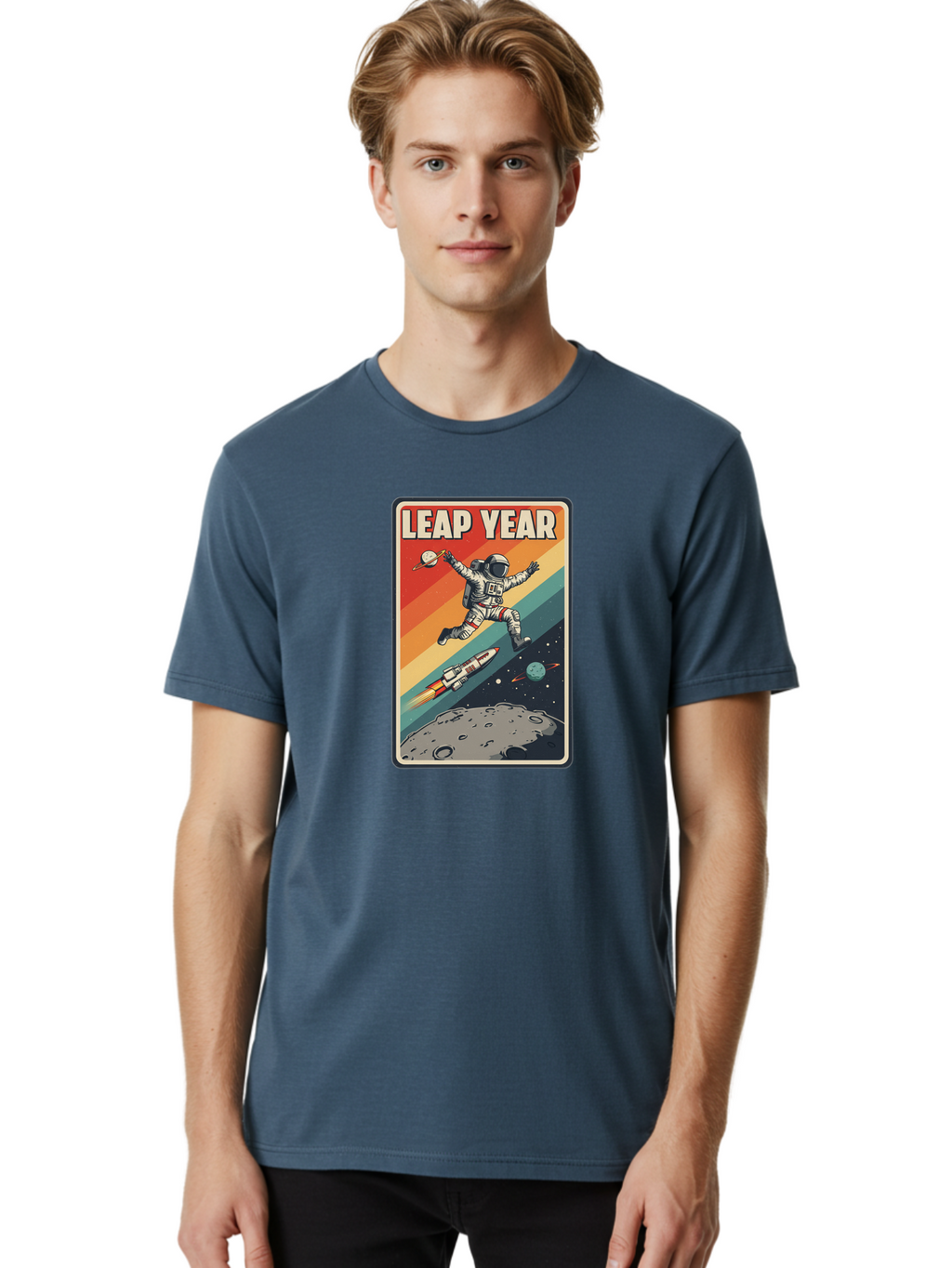 Leap-Year-5 Men'S Graphic Tee, 100% Cotton, Comfortable Casual Summer Wear, Machine Washable, Astronaut Jumping In Space, Retro-Style Poster, Space Exploration, Vintage Graphics, Astronaut In Mid-Air, Rocket Ship In The Background, Bac115
