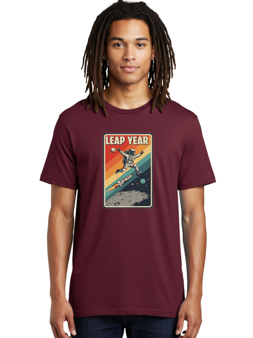 Leap-Year-5 Men'S Graphic Tee, 100% Cotton, Comfortable Casual Summer Wear, Machine Washable, Astronaut Jumping In Space, Retro-Style Poster, Space Exploration, Vintage Graphics, Astronaut In Mid-Air, Rocket Ship In The Background, Bac115