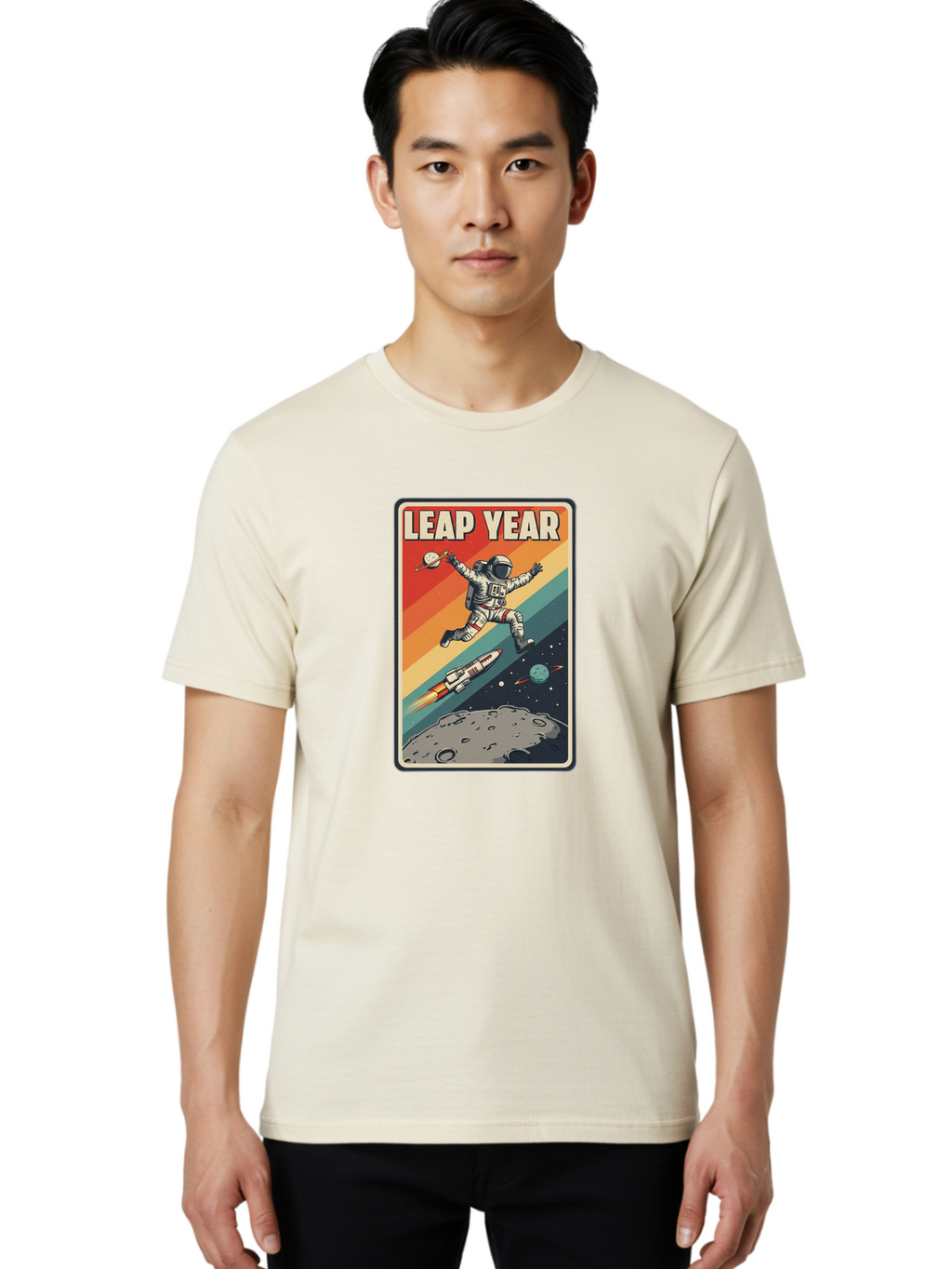 Leap-Year-5 Men'S Graphic Tee, 100% Cotton, Comfortable Casual Summer Wear, Machine Washable, Astronaut Jumping In Space, Retro-Style Poster, Space Exploration, Vintage Graphics, Astronaut In Mid-Air, Rocket Ship In The Background, Bac115