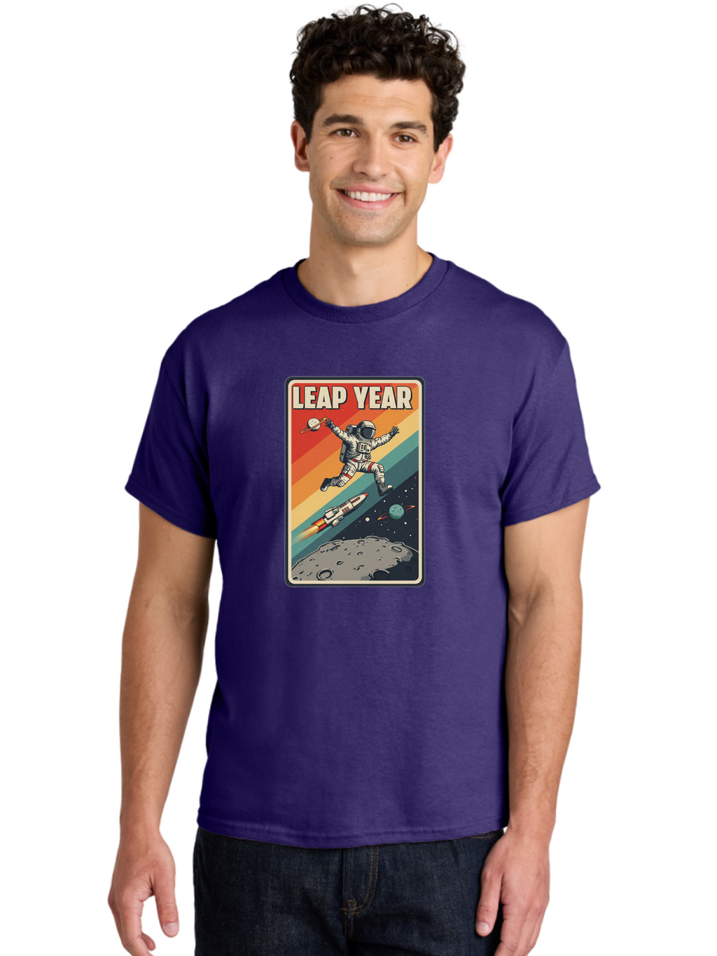 Leap-Year-5 Men'S Graphic Tee, 100% Cotton, Comfortable Casual Summer Wear, Machine Washable, Astronaut Jumping In Space, Retro-Style Poster, Space Exploration, Vintage Graphics, Astronaut In Mid-Air, Rocket Ship In The Background, Bac115