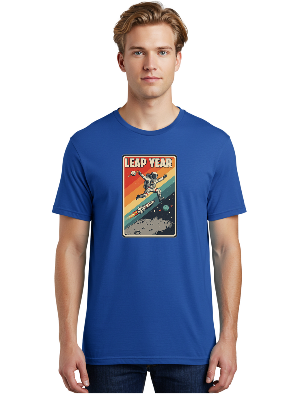 Leap-Year-5 Men'S Graphic Tee, 100% Cotton, Comfortable Casual Summer Wear, Machine Washable, Astronaut Jumping In Space, Retro-Style Poster, Space Exploration, Vintage Graphics, Astronaut In Mid-Air, Rocket Ship In The Background, Bac115