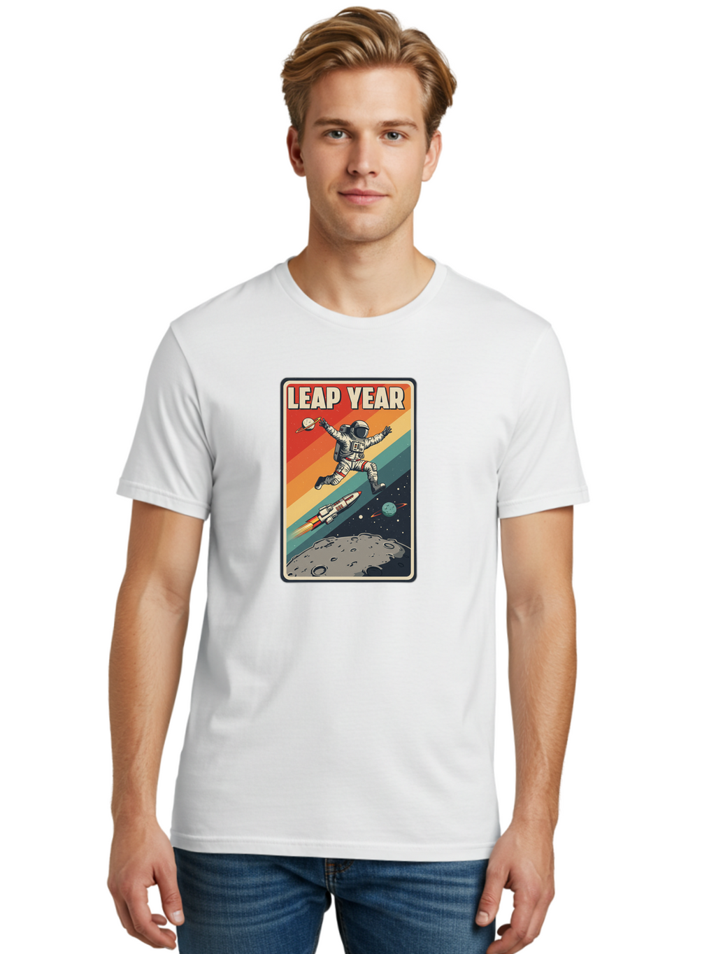 Leap-Year-5 Men'S Graphic Tee, 100% Cotton, Comfortable Casual Summer Wear, Machine Washable, Astronaut Jumping In Space, Retro-Style Poster, Space Exploration, Vintage Graphics, Astronaut In Mid-Air, Rocket Ship In The Background, Bac115