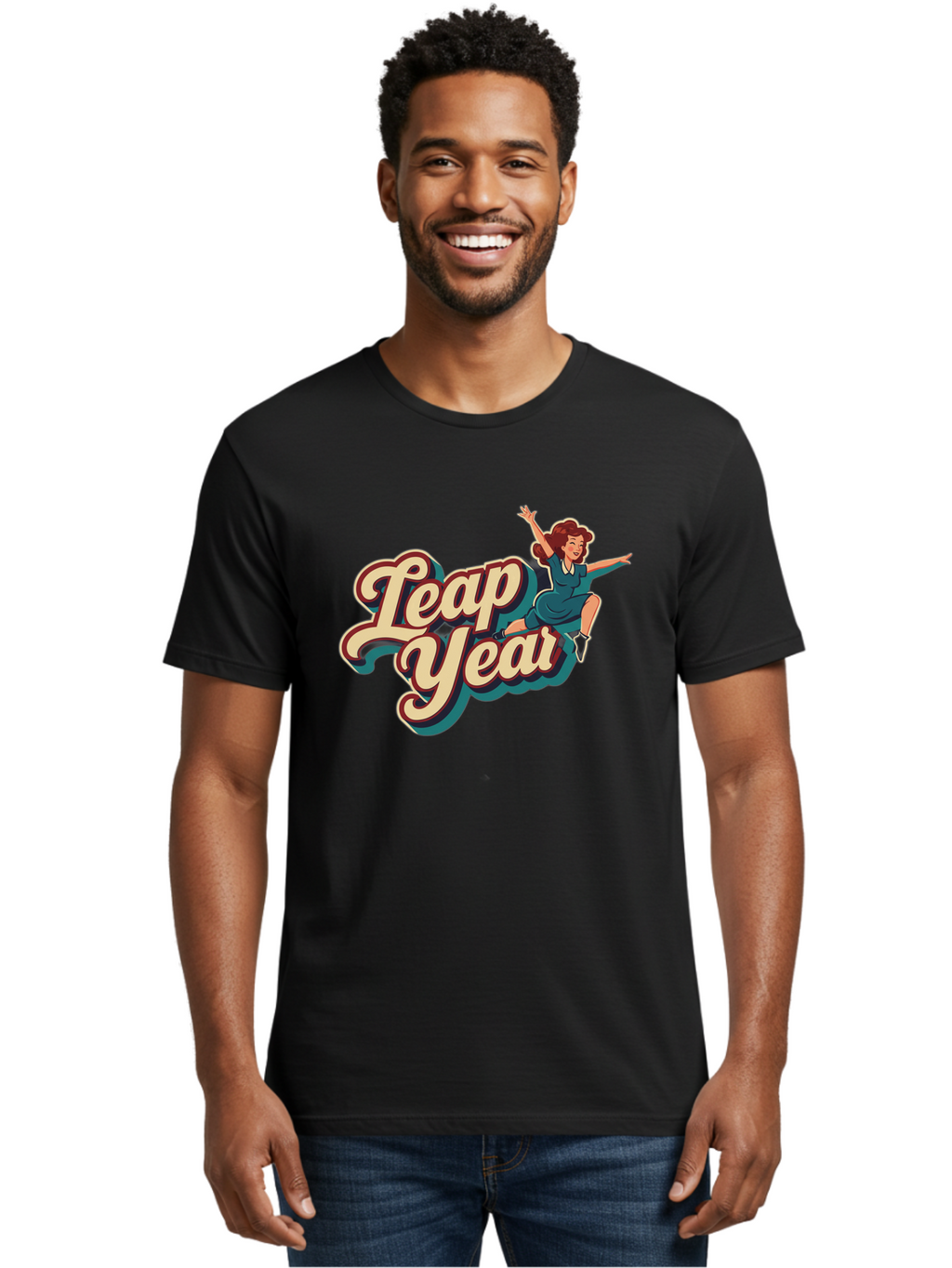 Leap-Year-6 Men'S Graphic Tee, 100% Cotton, Comfortable Casual Summer Wear, Machine Washable, Leap Year, Cartoon Woman, Retro Style, Playful Vibe, Jumping Gesture, Fun Graphics, Vintage Aesthetic, Happy Atmosphere Bac116