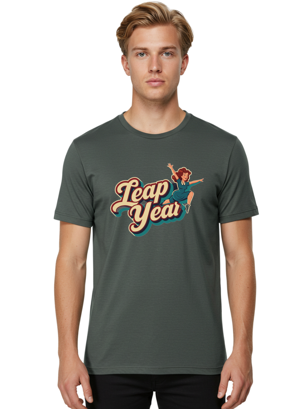 Leap-Year-6 Men'S Graphic Tee, 100% Cotton, Comfortable Casual Summer Wear, Machine Washable, Leap Year, Cartoon Woman, Retro Style, Playful Vibe, Jumping Gesture, Fun Graphics, Vintage Aesthetic, Happy Atmosphere Bac116