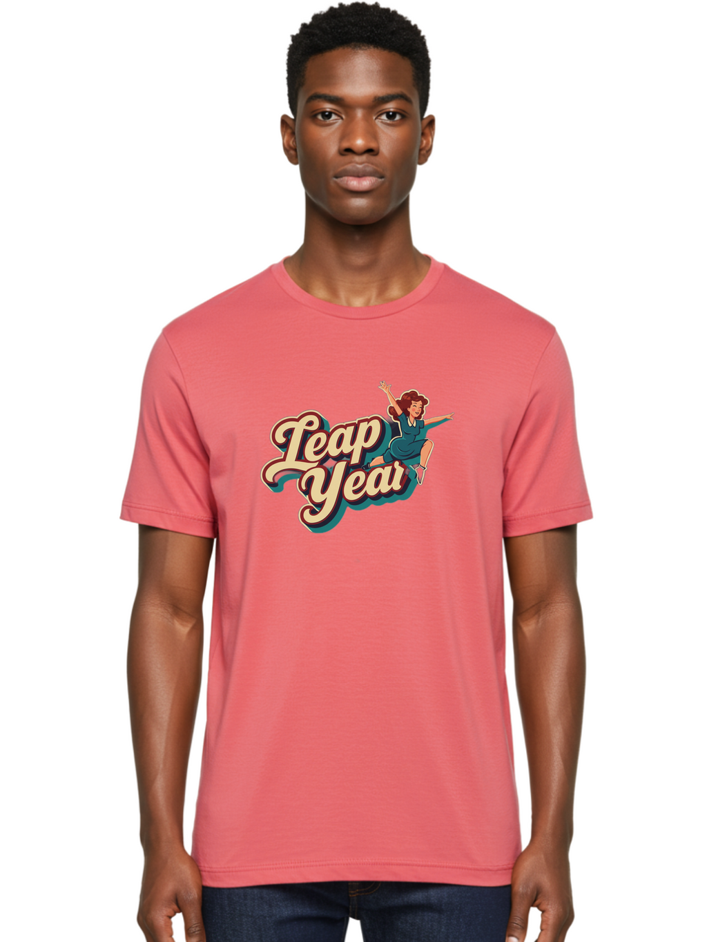 Leap-Year-6 Men'S Graphic Tee, 100% Cotton, Comfortable Casual Summer Wear, Machine Washable, Leap Year, Cartoon Woman, Retro Style, Playful Vibe, Jumping Gesture, Fun Graphics, Vintage Aesthetic, Happy Atmosphere Bac116