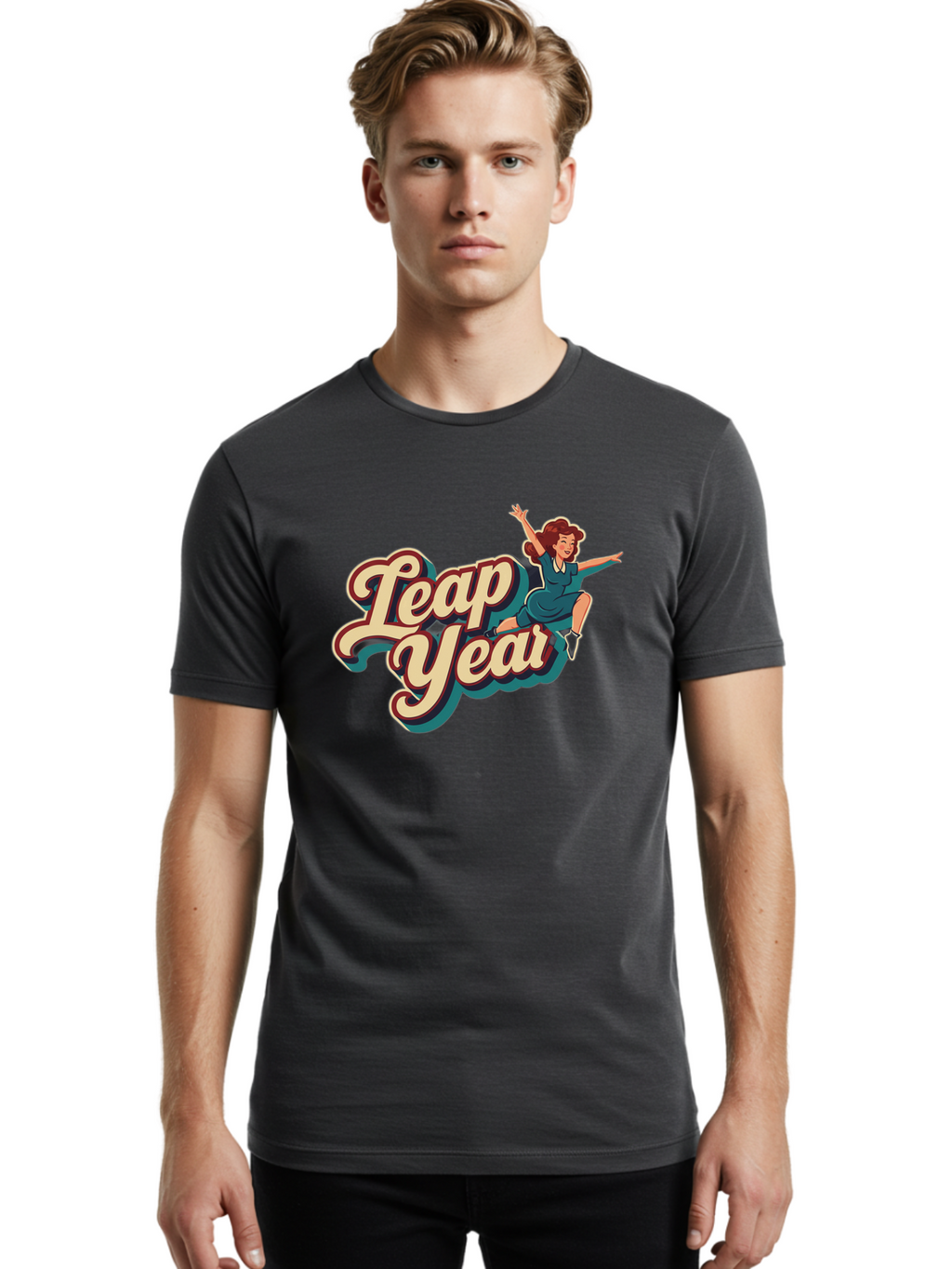 Leap-Year-6 Men'S Graphic Tee, 100% Cotton, Comfortable Casual Summer Wear, Machine Washable, Leap Year, Cartoon Woman, Retro Style, Playful Vibe, Jumping Gesture, Fun Graphics, Vintage Aesthetic, Happy Atmosphere Bac116