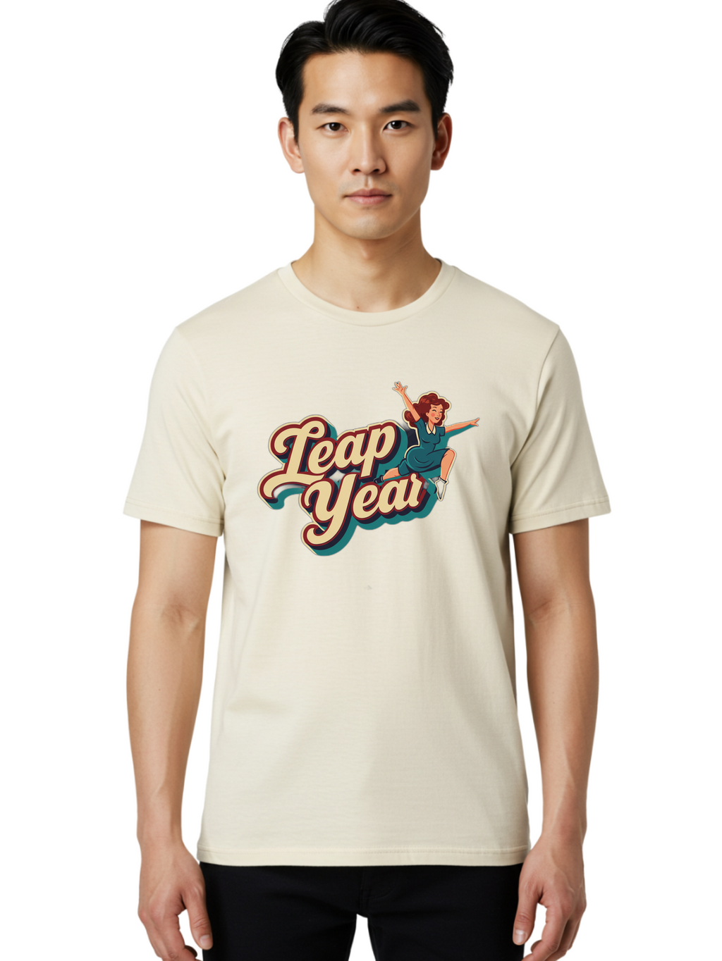 Leap-Year-6 Men'S Graphic Tee, 100% Cotton, Comfortable Casual Summer Wear, Machine Washable, Leap Year, Cartoon Woman, Retro Style, Playful Vibe, Jumping Gesture, Fun Graphics, Vintage Aesthetic, Happy Atmosphere Bac116
