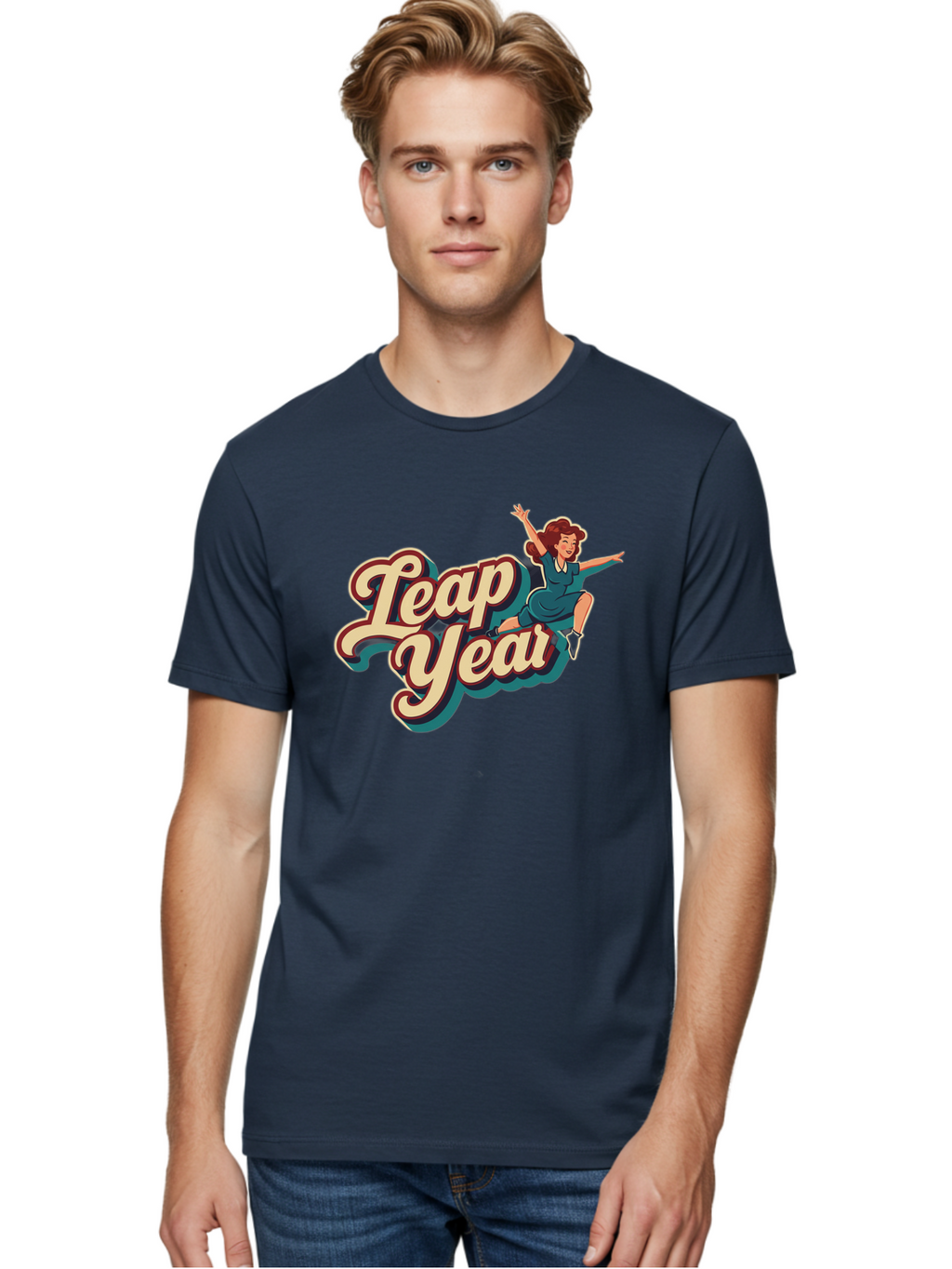 Leap-Year-6 Men'S Graphic Tee, 100% Cotton, Comfortable Casual Summer Wear, Machine Washable, Leap Year, Cartoon Woman, Retro Style, Playful Vibe, Jumping Gesture, Fun Graphics, Vintage Aesthetic, Happy Atmosphere Bac116