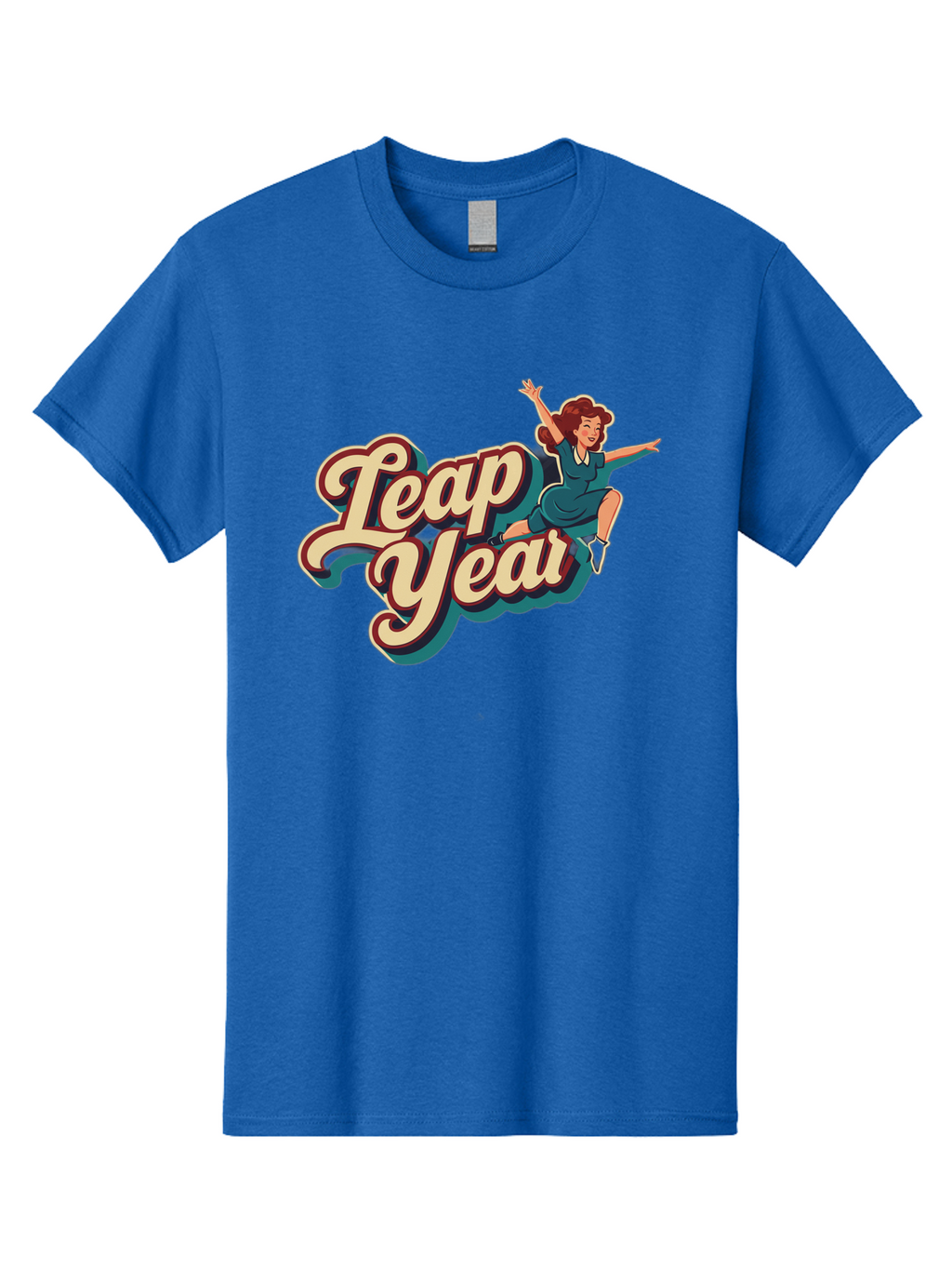 Leap-Year-6 Men'S Graphic Tee, 100% Cotton, Comfortable Casual Summer Wear, Machine Washable, Leap Year, Cartoon Woman, Retro Style, Playful Vibe, Jumping Gesture, Fun Graphics, Vintage Aesthetic, Happy Atmosphere Bac116