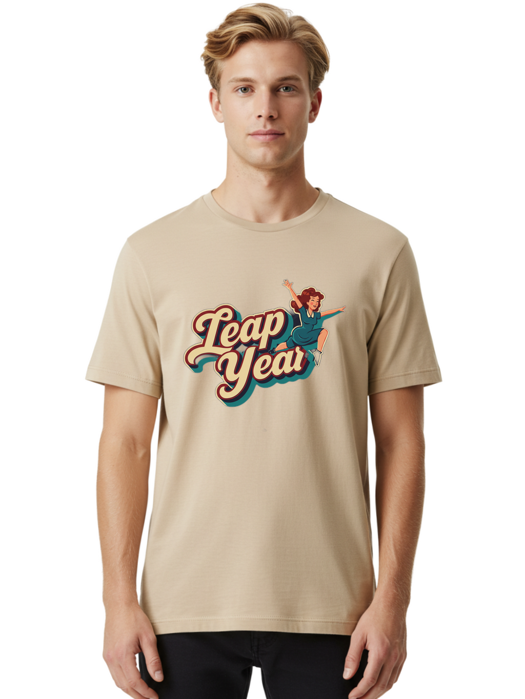 Leap-Year-6 Men'S Graphic Tee, 100% Cotton, Comfortable Casual Summer Wear, Machine Washable, Leap Year, Cartoon Woman, Retro Style, Playful Vibe, Jumping Gesture, Fun Graphics, Vintage Aesthetic, Happy Atmosphere Bac116