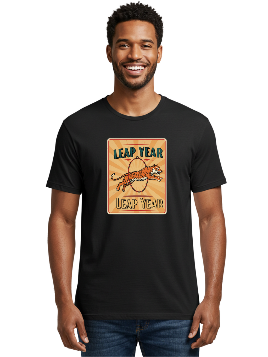 Leap-Year Men'S Graphic Tee, 100% Cotton, Comfortable Casual Summer Wear, Machine Washable, Leaping Tiger, Circus Act, Vintage Poster, Retro Design, Tiger Jumping Through Hoop, Playful Graphics, Bold Typography, Leap Year Theme, Bac117