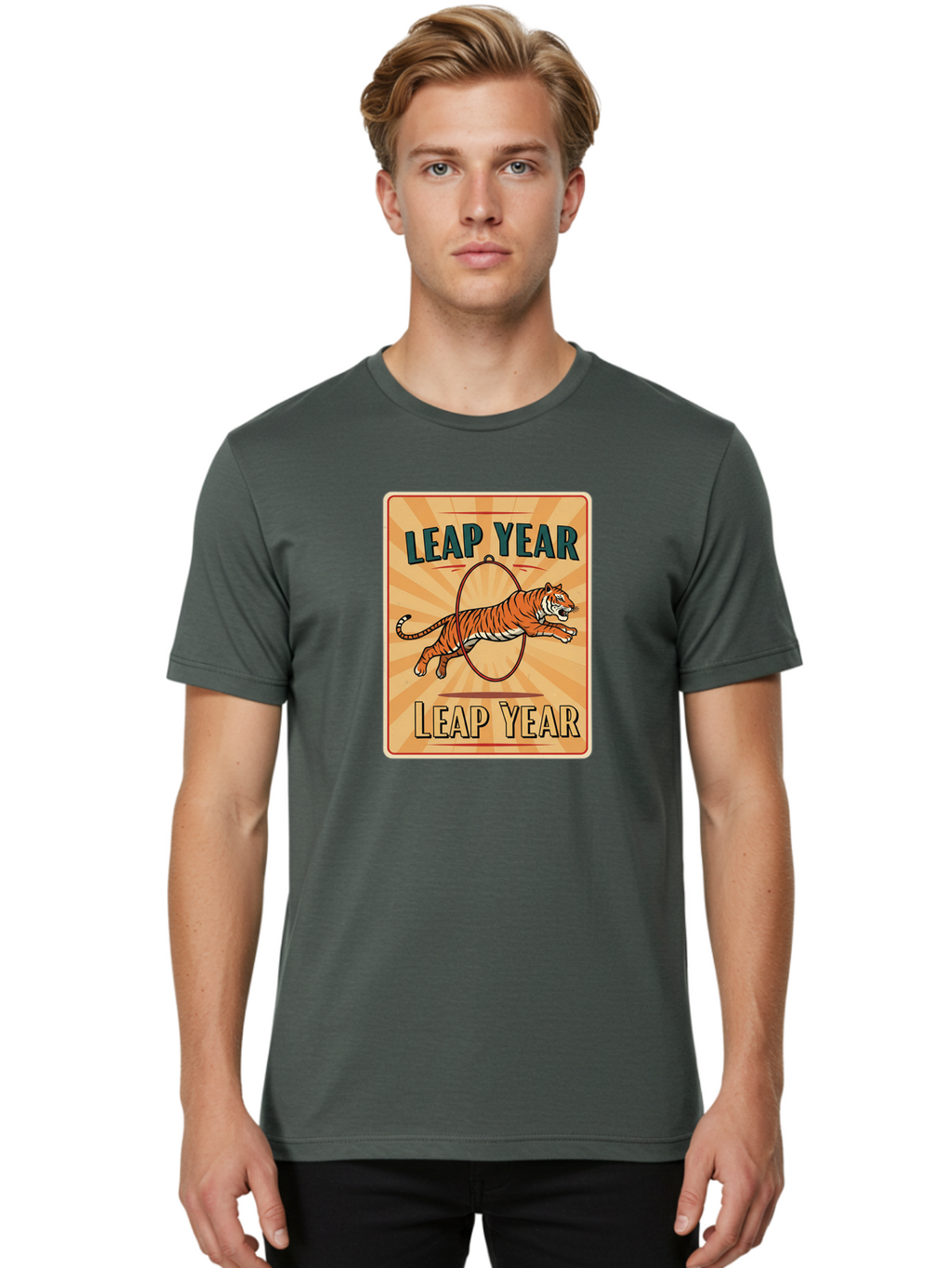 Leap-Year Men'S Graphic Tee, 100% Cotton, Comfortable Casual Summer Wear, Machine Washable, Leaping Tiger, Circus Act, Vintage Poster, Retro Design, Tiger Jumping Through Hoop, Playful Graphics, Bold Typography, Leap Year Theme, Bac117