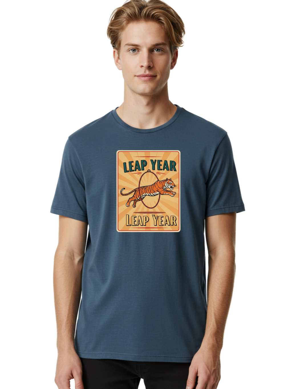 Leap-Year Men'S Graphic Tee, 100% Cotton, Comfortable Casual Summer Wear, Machine Washable, Leaping Tiger, Circus Act, Vintage Poster, Retro Design, Tiger Jumping Through Hoop, Playful Graphics, Bold Typography, Leap Year Theme, Bac117