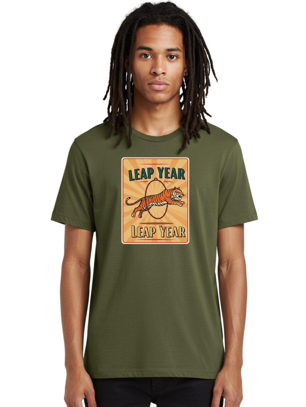 Leap-Year Men'S Graphic Tee, 100% Cotton, Comfortable Casual Summer Wear, Machine Washable, Leaping Tiger, Circus Act, Vintage Poster, Retro Design, Tiger Jumping Through Hoop, Playful Graphics, Bold Typography, Leap Year Theme, Bac117
