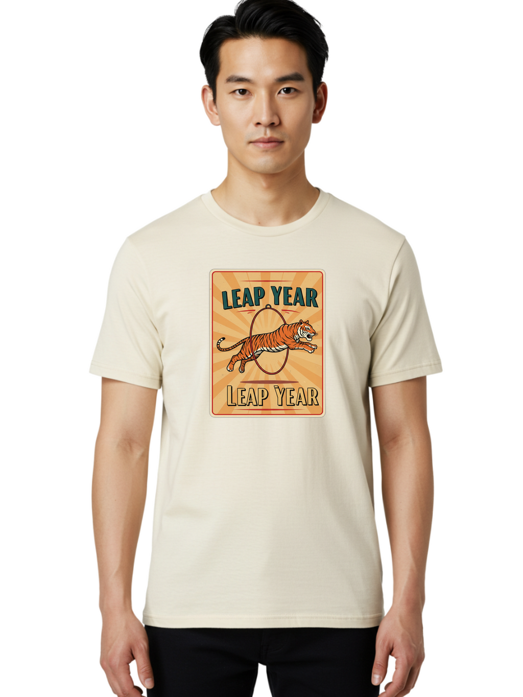 Leap-Year Men'S Graphic Tee, 100% Cotton, Comfortable Casual Summer Wear, Machine Washable, Leaping Tiger, Circus Act, Vintage Poster, Retro Design, Tiger Jumping Through Hoop, Playful Graphics, Bold Typography, Leap Year Theme, Bac117