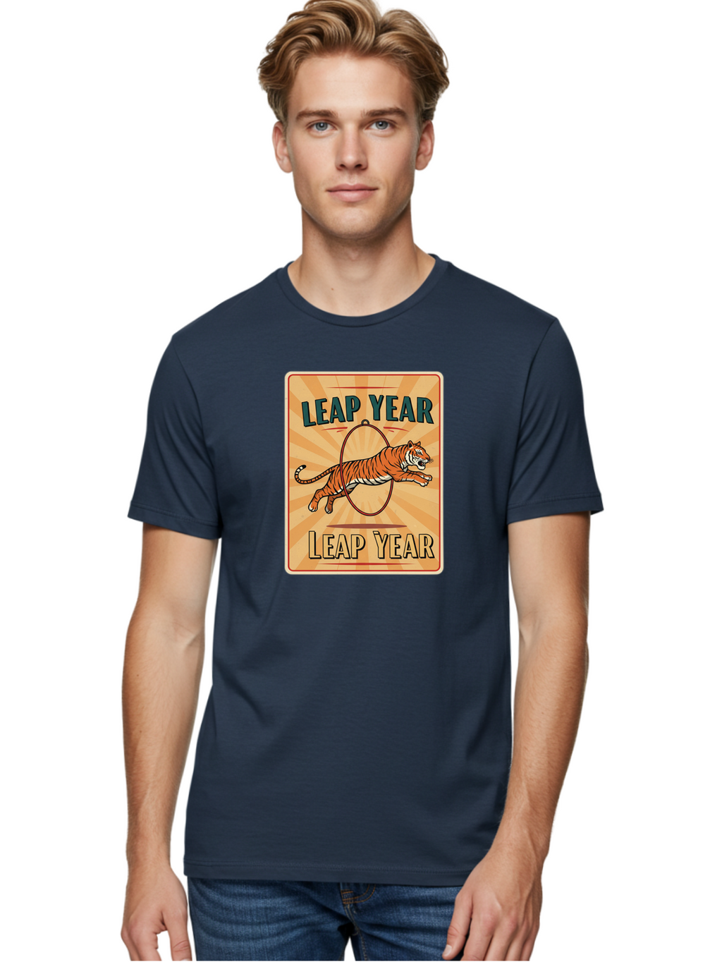 Leap-Year Men'S Graphic Tee, 100% Cotton, Comfortable Casual Summer Wear, Machine Washable, Leaping Tiger, Circus Act, Vintage Poster, Retro Design, Tiger Jumping Through Hoop, Playful Graphics, Bold Typography, Leap Year Theme, Bac117