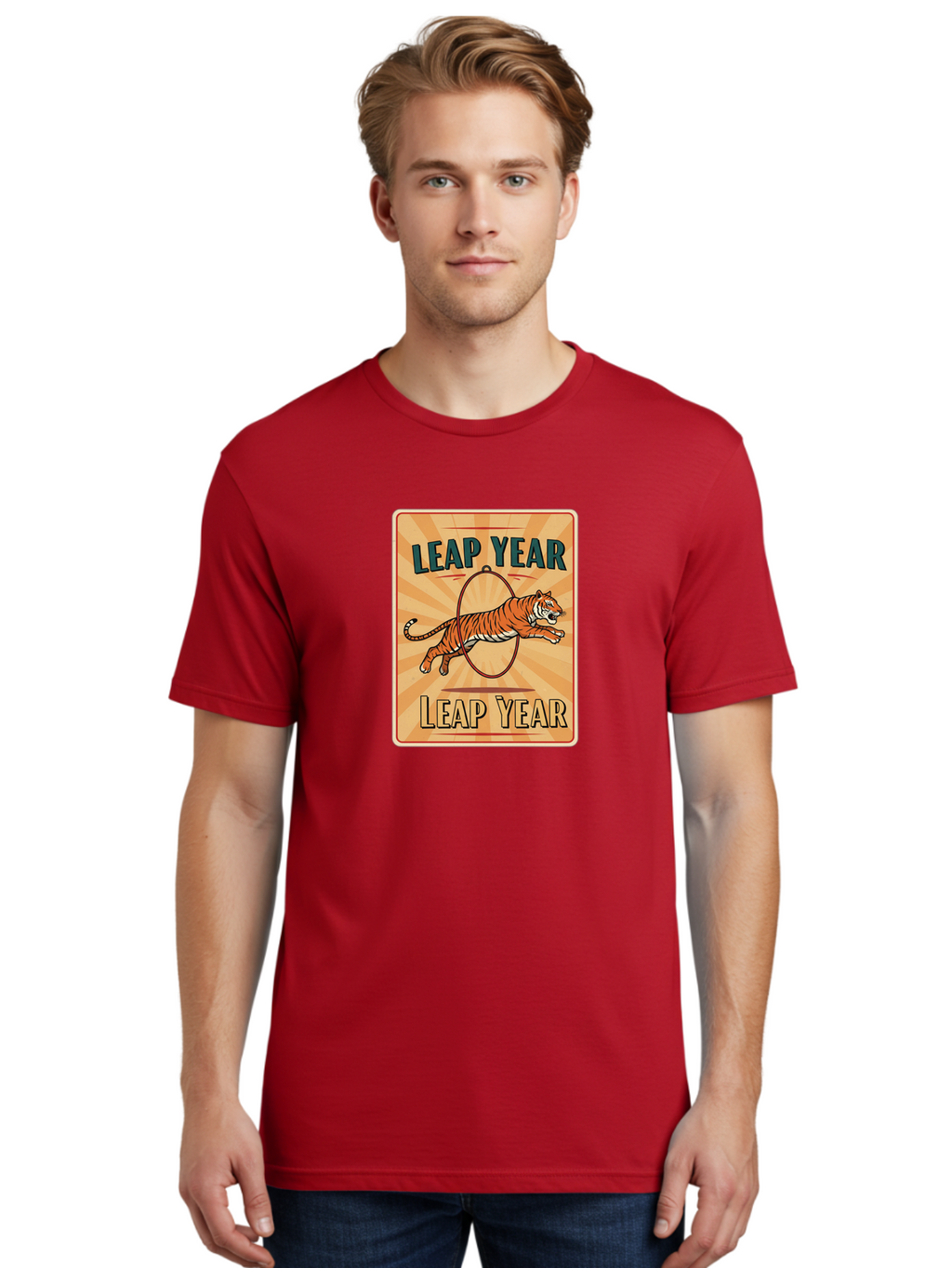 Leap-Year Men'S Graphic Tee, 100% Cotton, Comfortable Casual Summer Wear, Machine Washable, Leaping Tiger, Circus Act, Vintage Poster, Retro Design, Tiger Jumping Through Hoop, Playful Graphics, Bold Typography, Leap Year Theme, Bac117