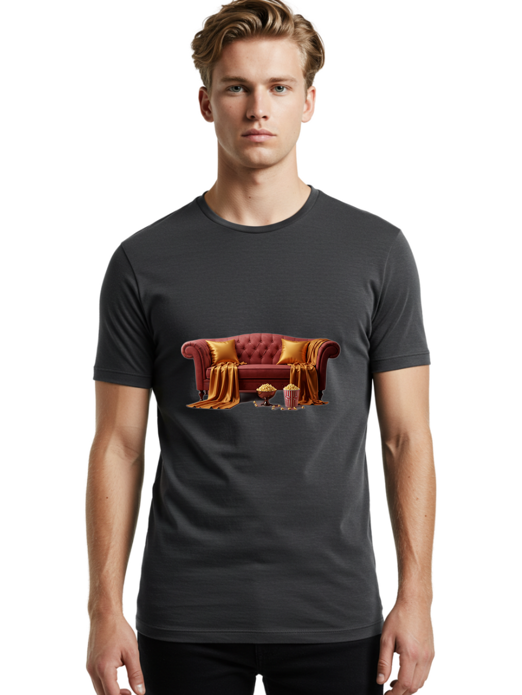 Leather-Sofa Men'S Graphic Tee, 100% Cotton, Comfortable Casual Summer Wear, Machine Washable, Red Couch, Golden Pillows, Golden Blanket, Popcorn, Popcorn Bowl, Popcorn Bucket, Cinema Experience, Home Entertainment, Cozy Atmosphere, Bac118