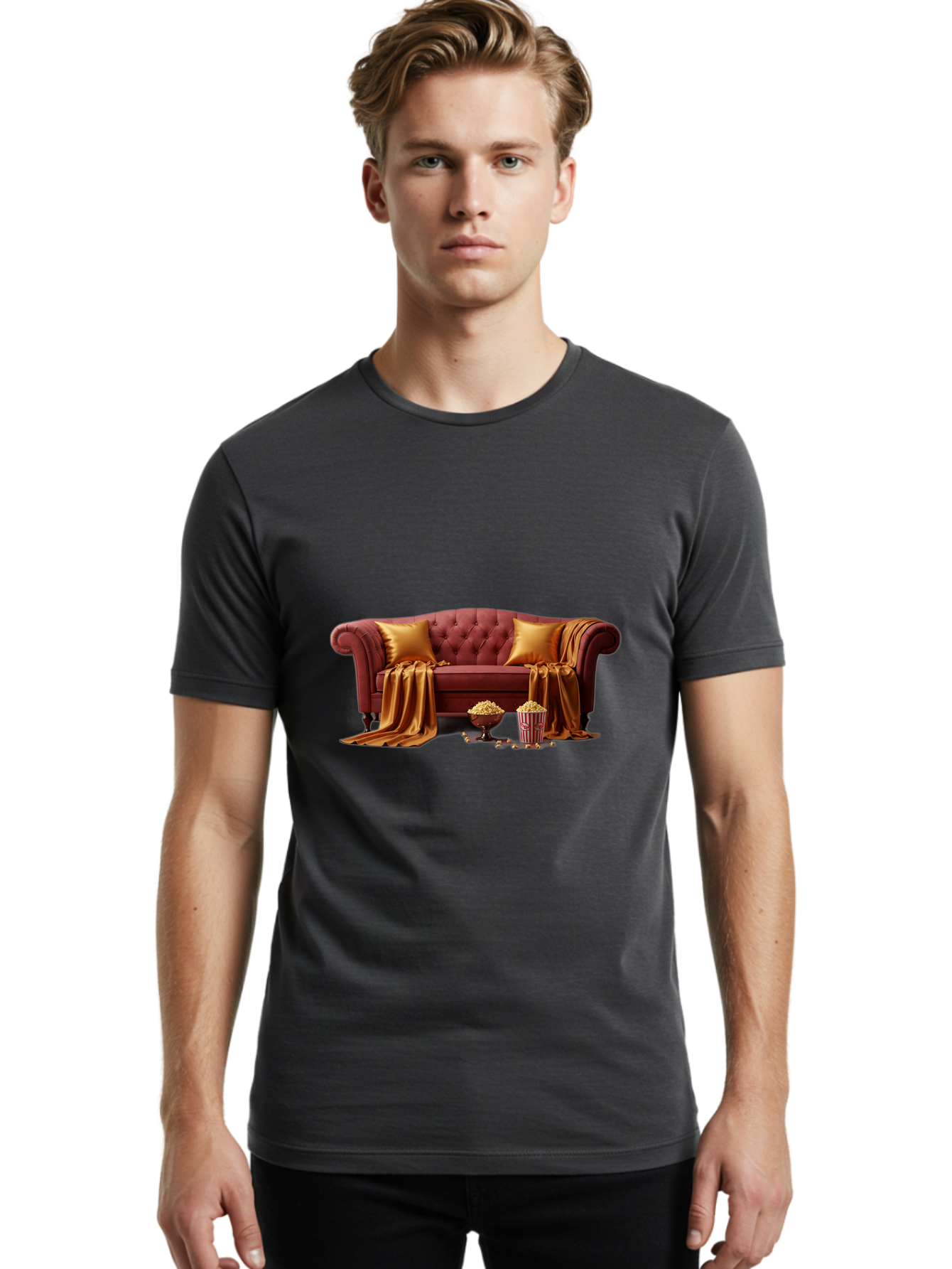 Leather-Sofa Men'S Graphic Tee, 100% Cotton, Comfortable Casual Summer Wear, Machine Washable, Red Couch, Golden Pillows, Golden Blanket, Popcorn, Popcorn Bowl, Popcorn Bucket, Cinema Experience, Home Entertainment, Cozy Atmosphere, Bac118