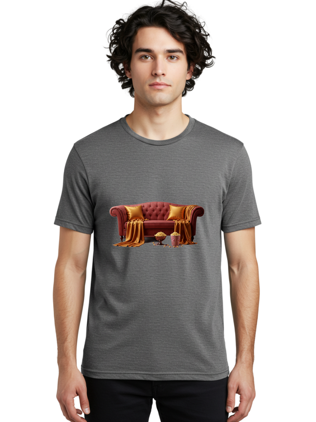 Leather-Sofa Men'S Graphic Tee, 100% Cotton, Comfortable Casual Summer Wear, Machine Washable, Red Couch, Golden Pillows, Golden Blanket, Popcorn, Popcorn Bowl, Popcorn Bucket, Cinema Experience, Home Entertainment, Cozy Atmosphere, Bac118