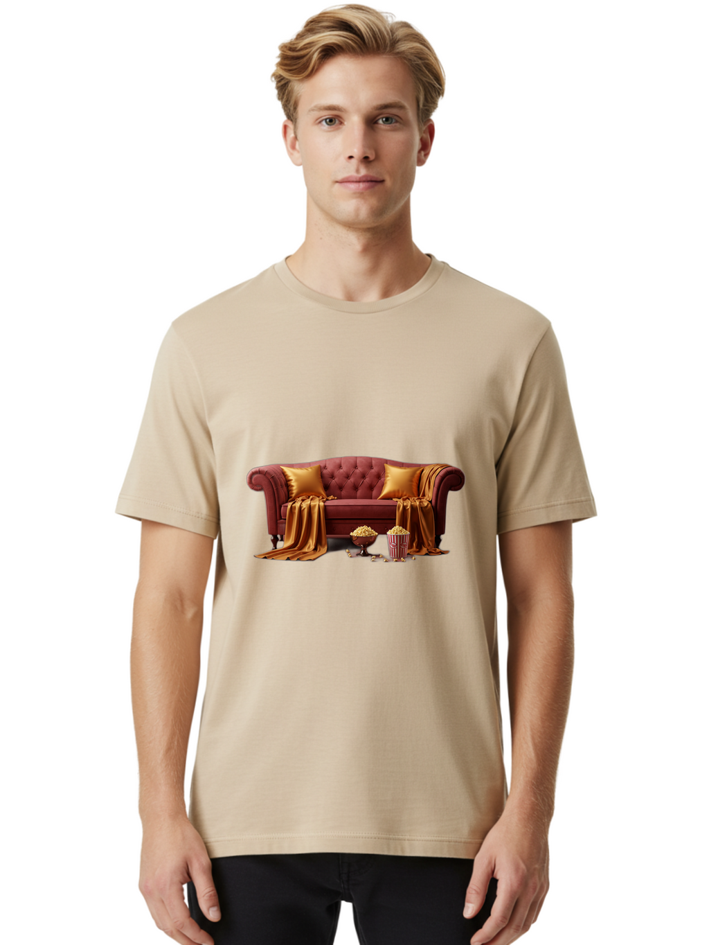 Leather-Sofa Men'S Graphic Tee, 100% Cotton, Comfortable Casual Summer Wear, Machine Washable, Red Couch, Golden Pillows, Golden Blanket, Popcorn, Popcorn Bowl, Popcorn Bucket, Cinema Experience, Home Entertainment, Cozy Atmosphere, Bac118