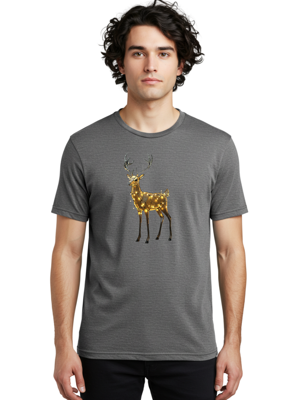 Led-Reindeer Men'S Graphic Tee, 100% Cotton, Comfortable Casual Summer Wear, Machine Washable, Illuminated Reindeer, Golden Lights, Festive Decor, Christmas Display, Holiday Decoration, Wire Sculpture, Glowing Ornament, Seasonal Display Bac119