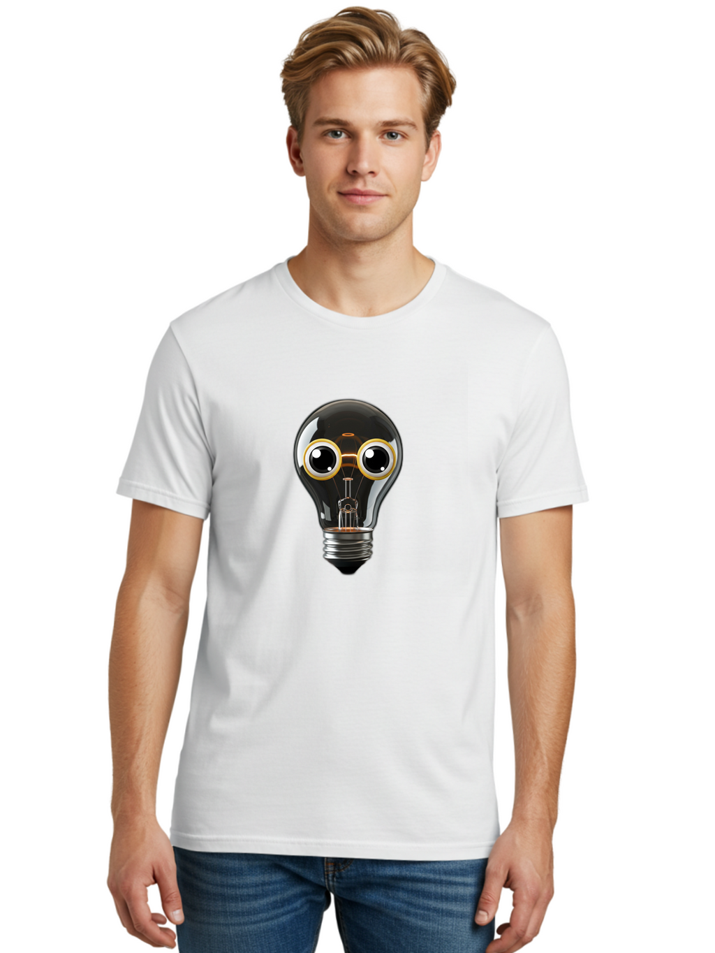 Light-Bulb-Eyes Men'S Graphic Tee, 100% Cotton, Comfortable Casual Summer Wear, Machine Washable, Cartoon Light Bulb, Light Bulb Character, Creative Idea, Innovation, Inspiration, Creative Thinking, Problem Solving Bac120