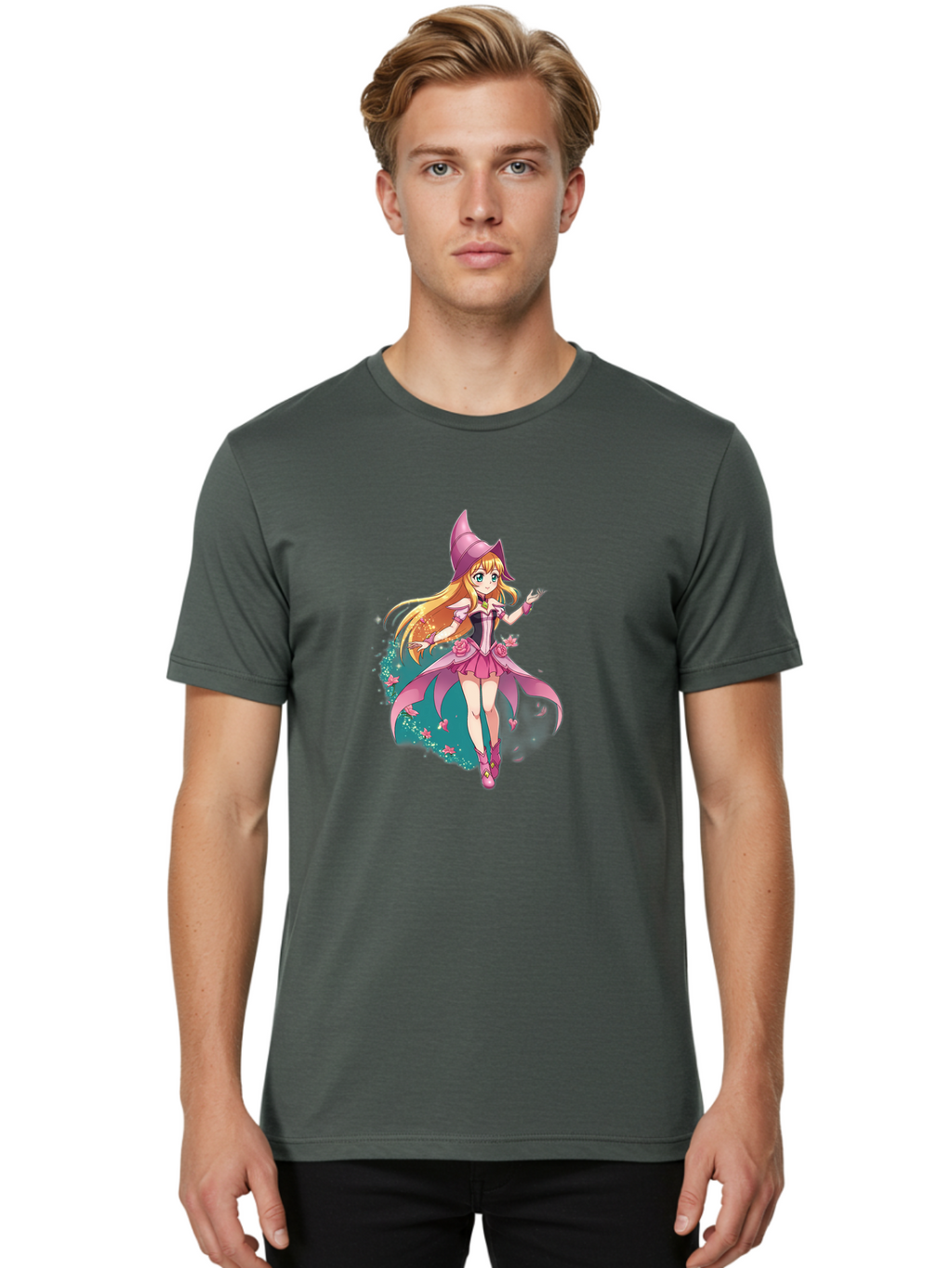 Lockette Men'S Graphic Tee, 100% Cotton, Comfortable Casual Summer Wear, Machine Washable, Anime Girl, Magical Powers, Fantasy Illustration, Pink Dress, Blonde Hair, Blue Eyes, Pink Hat, Charming Character, Winx Club Bac122