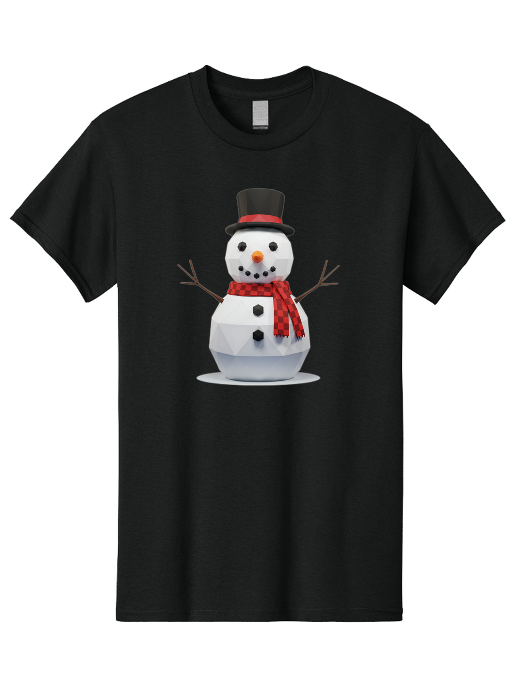 Low-Poly-Snowman-Portrait Men'S Graphic Tee, 100% Cotton, Comfortable Casual Summer Wear, Machine Washable, Low Poly Snowman, 3D Model, Winter Decoration, Festive Character, Checkered Scarf, Black Top Hat, Geometric Design, Christmas Theme, Bac123