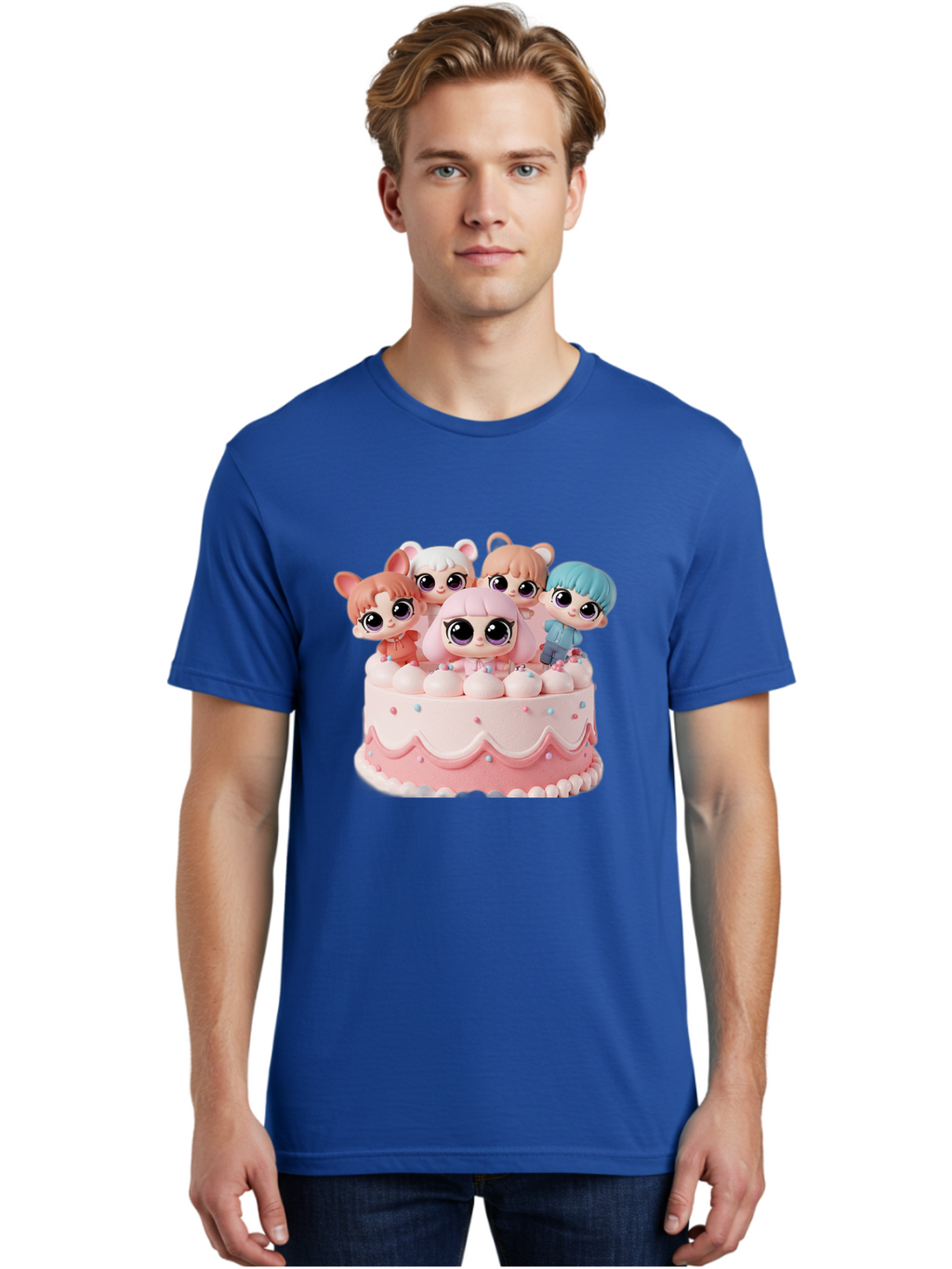 Lps-On-Cake Men'S Graphic Tee, 100% Cotton, Comfortable Casual Summer Wear, Machine Washable, Cute Dolls On Cake, Pastel Colors, Sweet Treats, Adorable Toys, Kawaii Culture, Doll Collectors, Birthday Celebrations, Pastel Pink And White, Bac124
