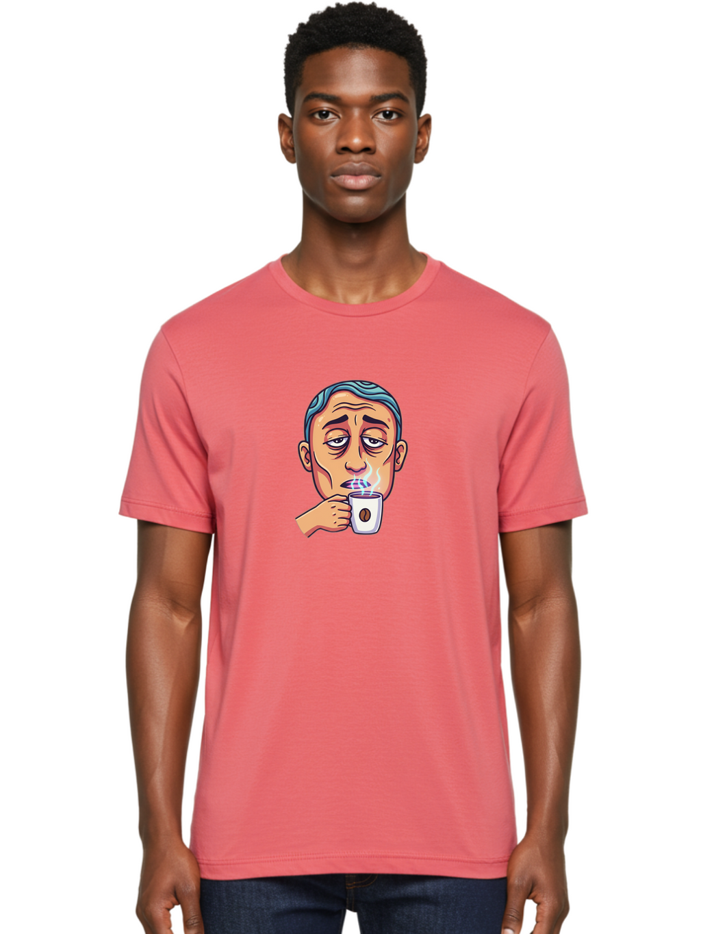 Man-Drinking-Coffee-1 Men'S Graphic Tee, 100% Cotton, Comfortable Casual Summer Wear, Machine Washable, Cartoon Man Drinking Coffee, Steaming Hot Beverage, Morning Pick-Me-Up, Caffeine Fix, Coffee Lover, Humorous Illustration Bac126