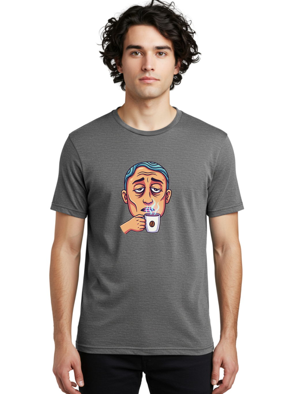 Man-Drinking-Coffee-1 Men'S Graphic Tee, 100% Cotton, Comfortable Casual Summer Wear, Machine Washable, Cartoon Man Drinking Coffee, Steaming Hot Beverage, Morning Pick-Me-Up, Caffeine Fix, Coffee Lover, Humorous Illustration Bac126