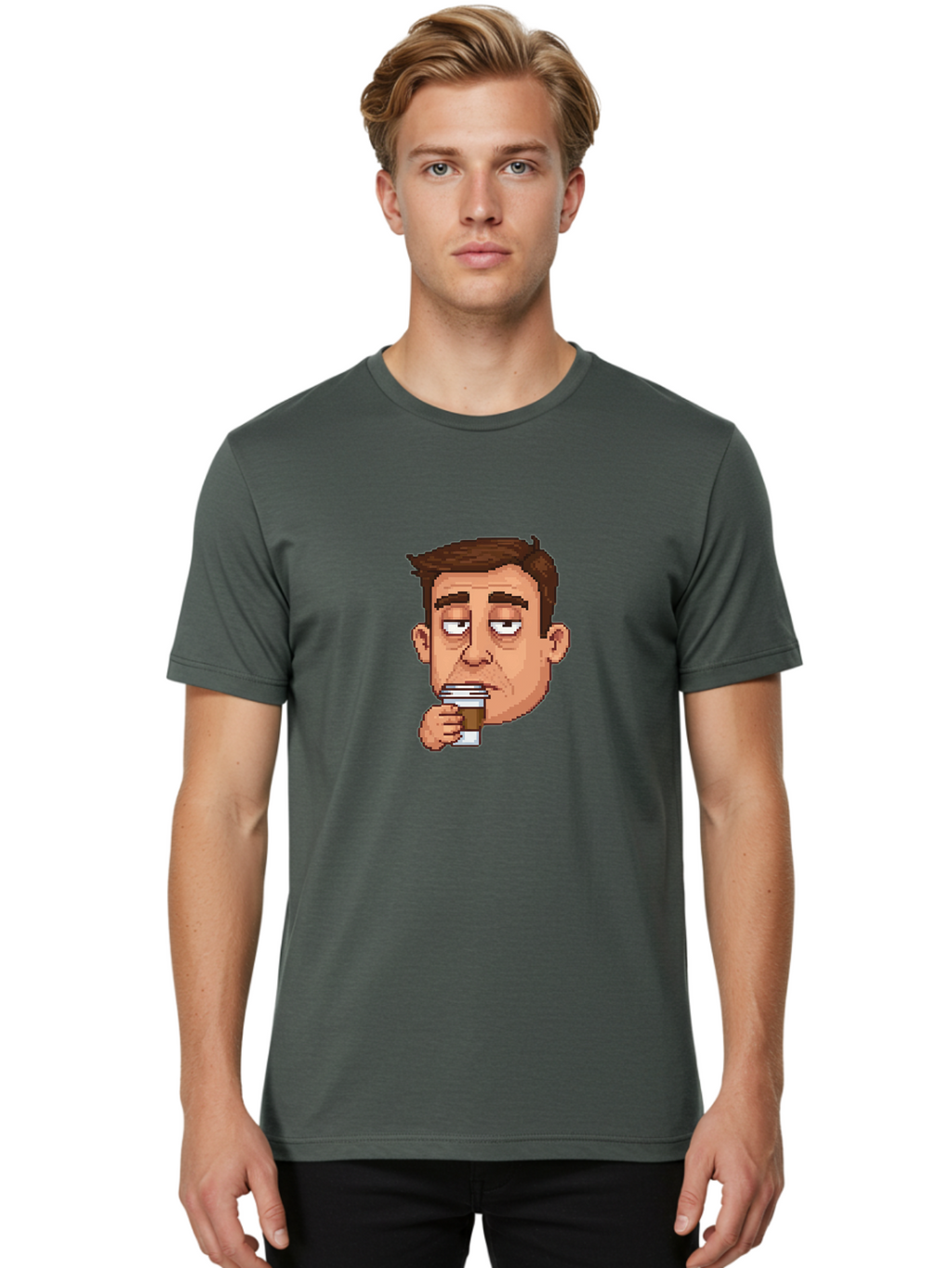 Man-Drinking-Coffee Men'S Graphic Tee, 100% Cotton, Comfortable Casual Summer Wear, Machine Washable, Cartoon Man, Pixel Art, Coffee Cup, Morning Routine, Daily Grind, Coffee Lover, Relaxed Atmosphere, Pixelated Character Bac127