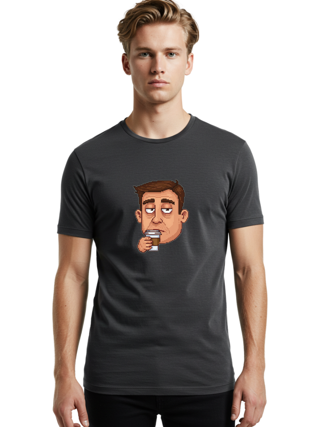 Man-Drinking-Coffee Men'S Graphic Tee, 100% Cotton, Comfortable Casual Summer Wear, Machine Washable, Cartoon Man, Pixel Art, Coffee Cup, Morning Routine, Daily Grind, Coffee Lover, Relaxed Atmosphere, Pixelated Character Bac127