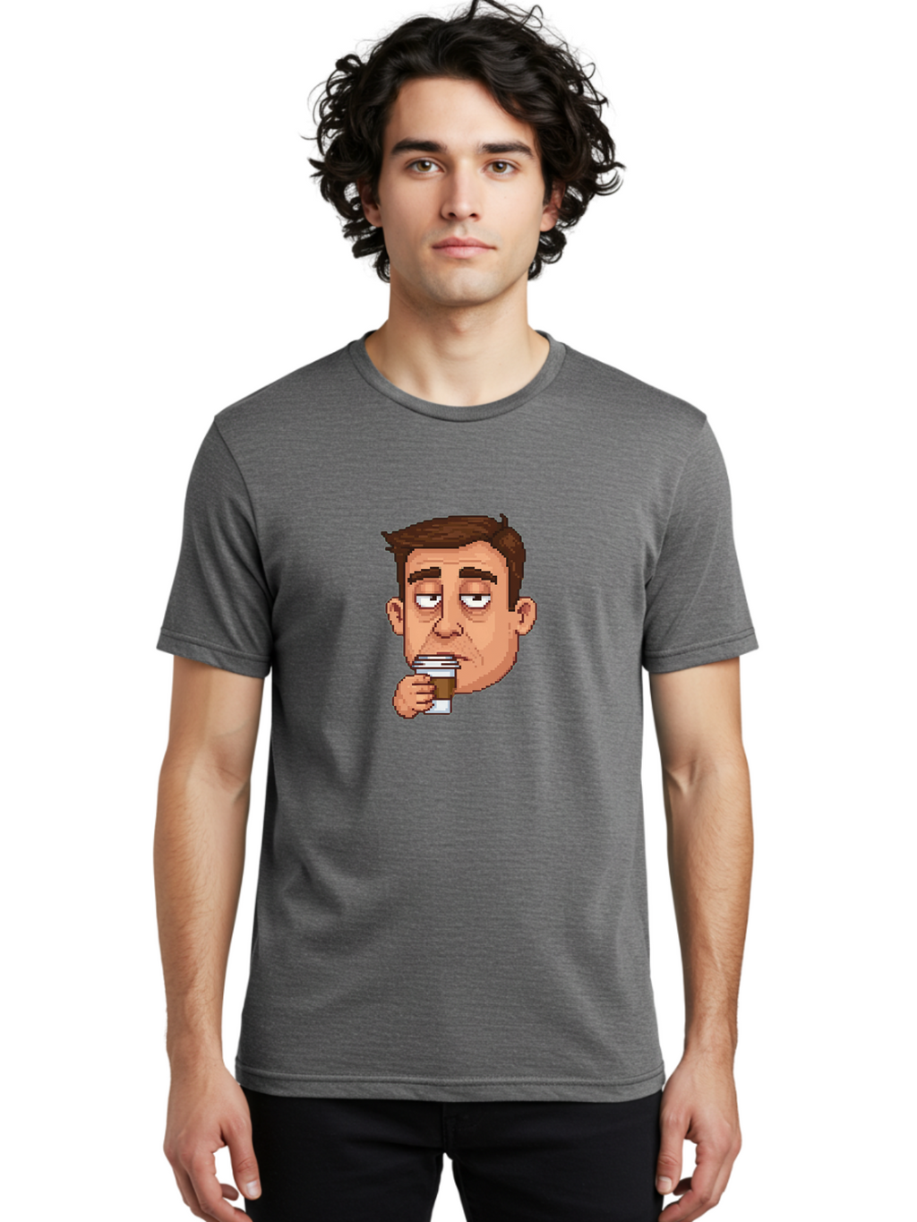 Man-Drinking-Coffee Men'S Graphic Tee, 100% Cotton, Comfortable Casual Summer Wear, Machine Washable, Cartoon Man, Pixel Art, Coffee Cup, Morning Routine, Daily Grind, Coffee Lover, Relaxed Atmosphere, Pixelated Character Bac127