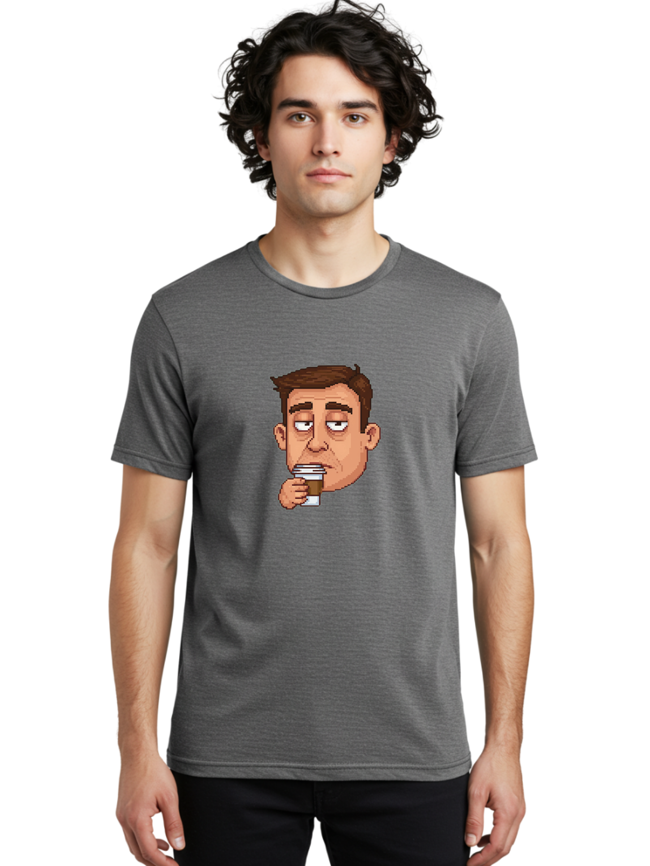 Man-Drinking-Coffee Men'S Graphic Tee, 100% Cotton, Comfortable Casual Summer Wear, Machine Washable, Cartoon Man, Pixel Art, Coffee Cup, Morning Routine, Daily Grind, Coffee Lover, Relaxed Atmosphere, Pixelated Character Bac127