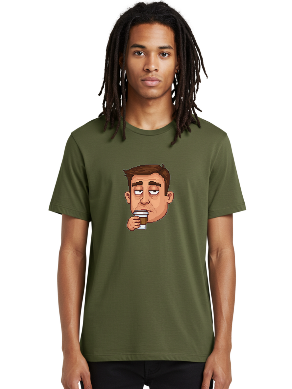 Man-Drinking-Coffee Men'S Graphic Tee, 100% Cotton, Comfortable Casual Summer Wear, Machine Washable, Cartoon Man, Pixel Art, Coffee Cup, Morning Routine, Daily Grind, Coffee Lover, Relaxed Atmosphere, Pixelated Character Bac127