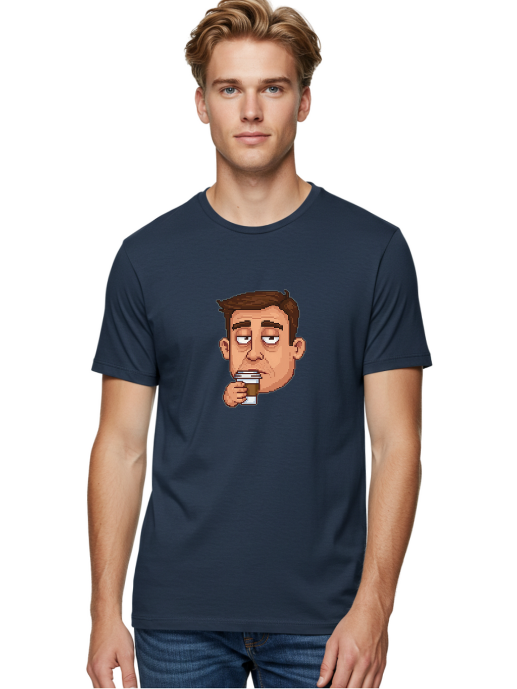 Man-Drinking-Coffee Men'S Graphic Tee, 100% Cotton, Comfortable Casual Summer Wear, Machine Washable, Cartoon Man, Pixel Art, Coffee Cup, Morning Routine, Daily Grind, Coffee Lover, Relaxed Atmosphere, Pixelated Character Bac127